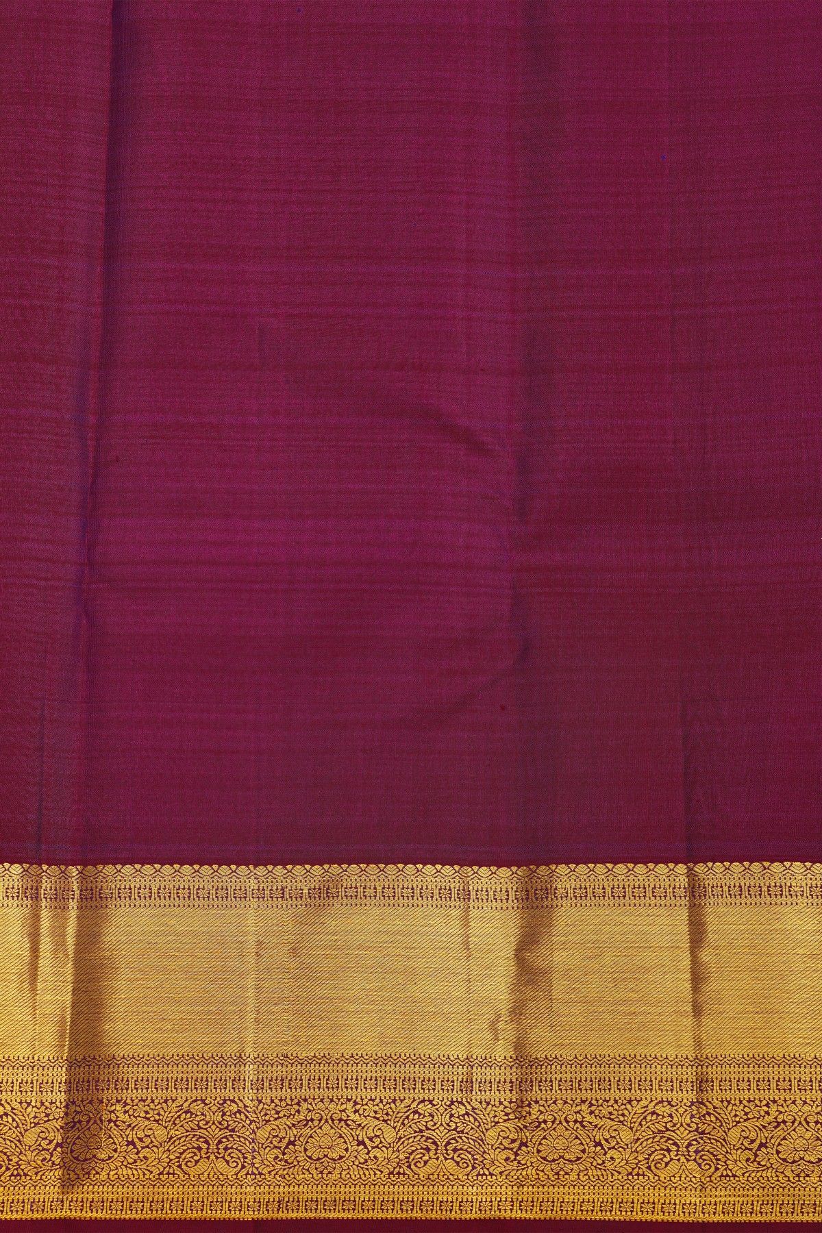 Kancheepuram Silk Blue Saree With Florals And Leaves In Zari Body And Contrast Florals And Leaves With Cross Lines Border