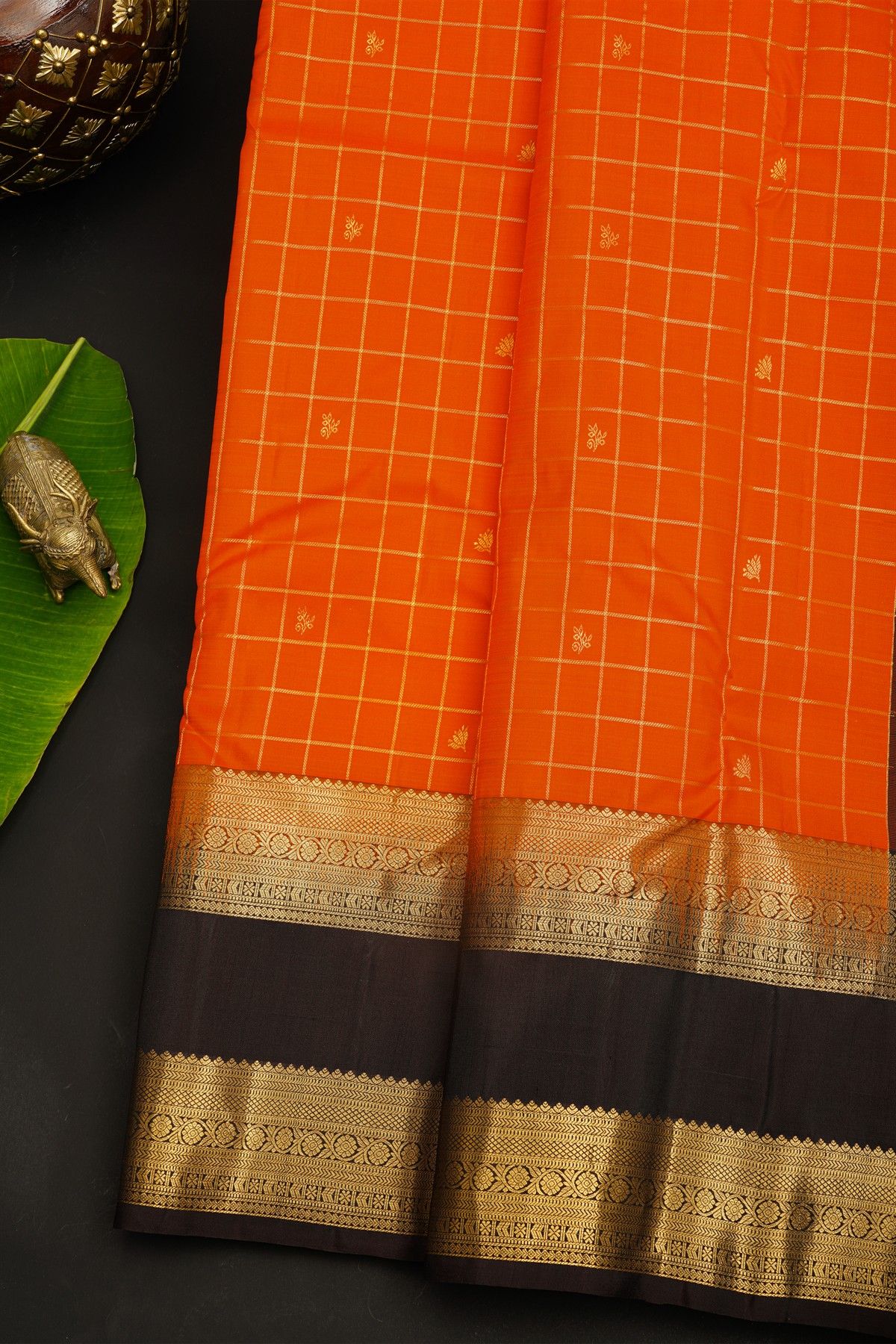 Kancheepuram Silk Orange Saree With Florals In Zari Checks Body And Contrast Gap Border