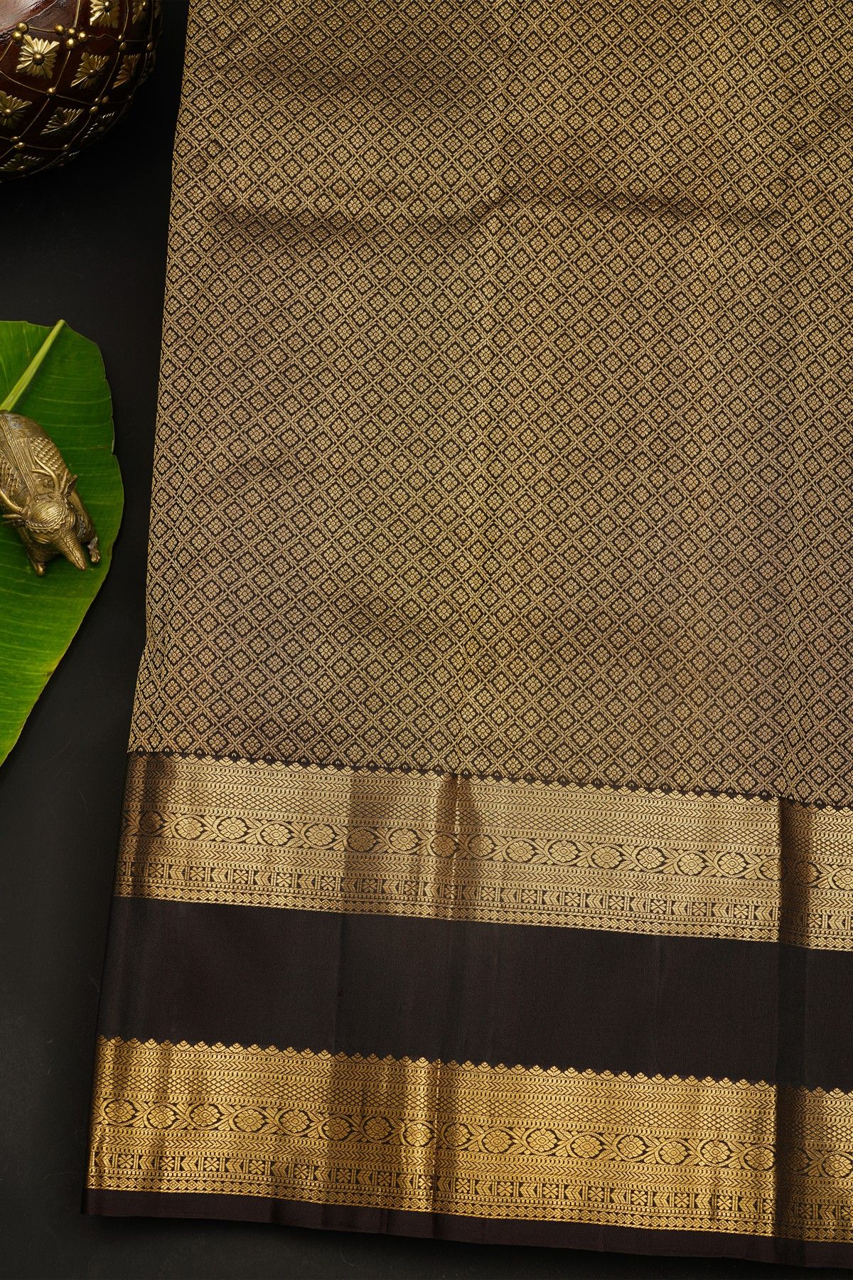 Kancheepuram Silk Orange Saree With Florals In Zari Checks Body And Contrast Gap Border