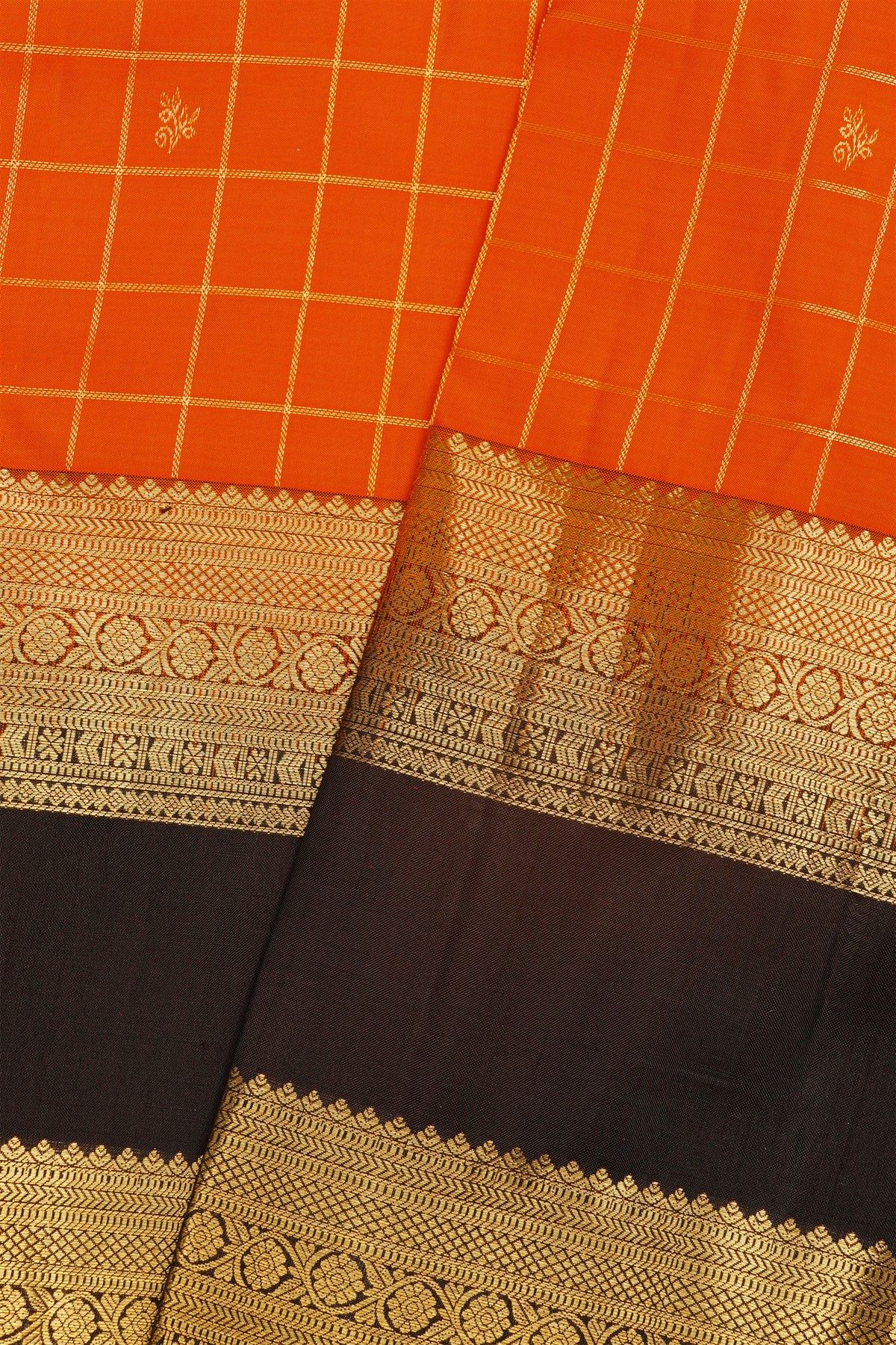 Kancheepuram Silk Orange Saree With Florals In Zari Checks Body And Contrast Gap Border