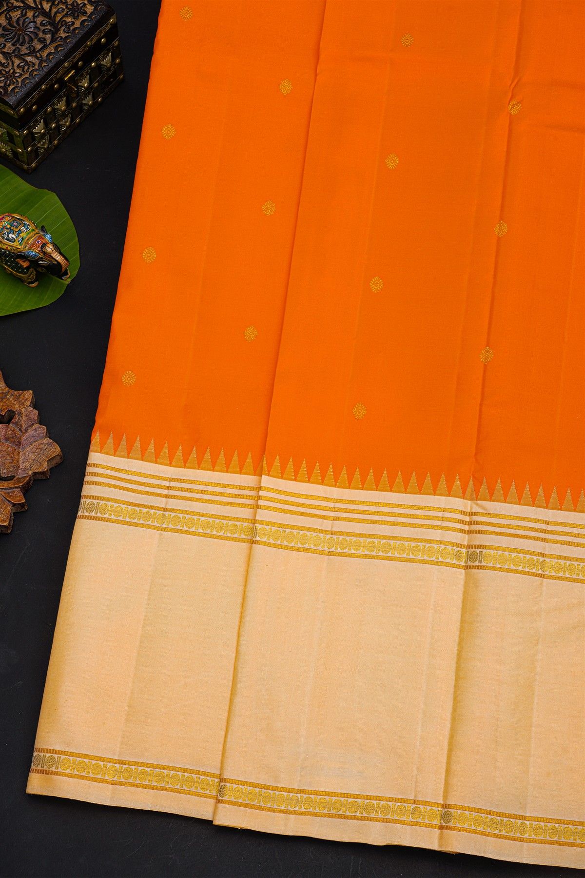 Kancheepuram Silk Orange Saree With Buttis Body
