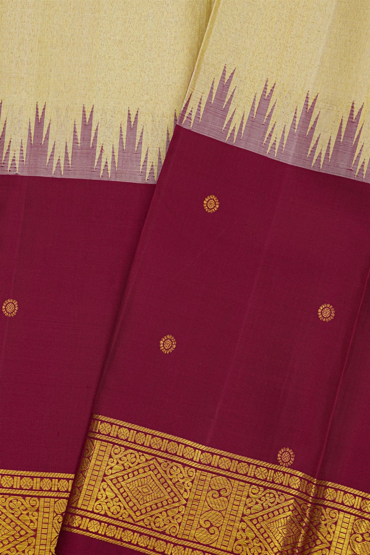 Kancheepuram Silk Cream Saree With Contrast Florals And Buttis Border