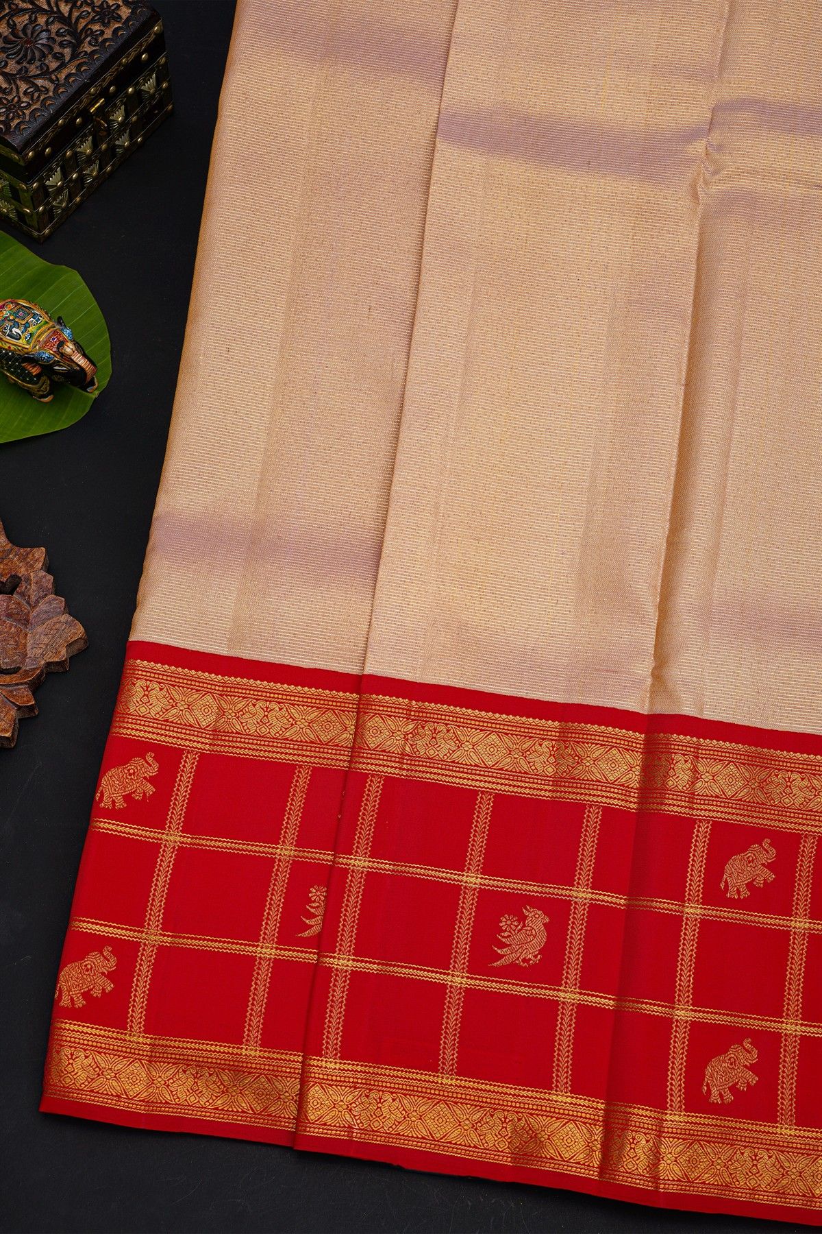 Kancheepuram Silk Peach Saree With Contrast Florals And Birds With Animals In Checks Border