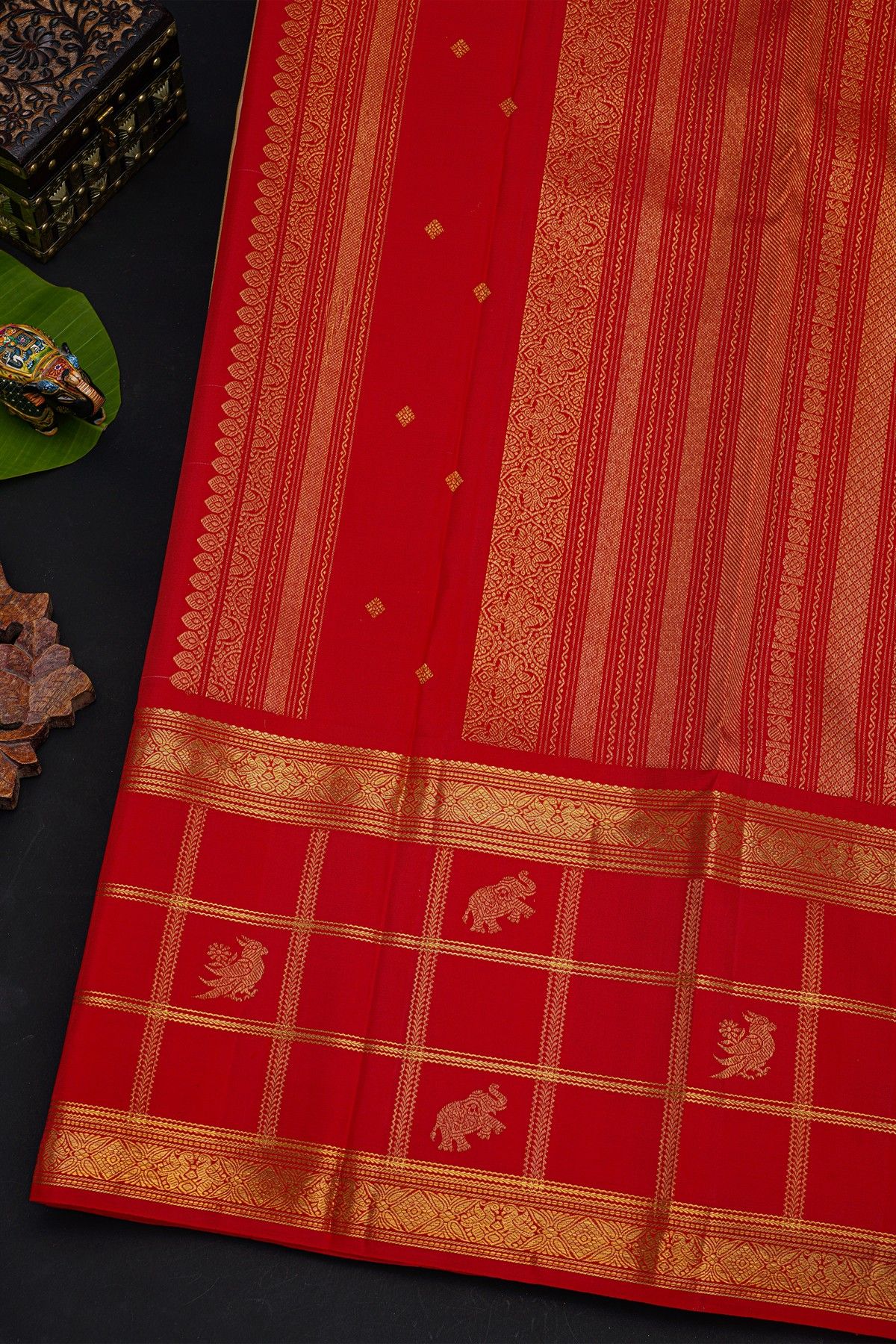 Kancheepuram Silk Peach Saree With Contrast Florals And Birds With Animals In Checks Border