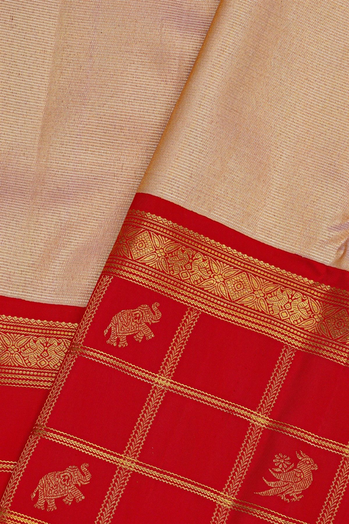 Kancheepuram Silk Peach Saree With Contrast Florals And Birds With Animals In Checks Border