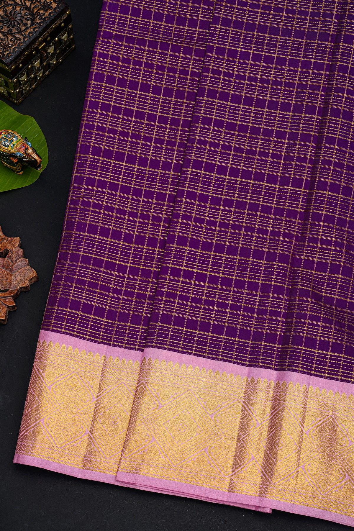 Kancheepuram Silk Purple Saree With Contrast Florals And Leaves Border