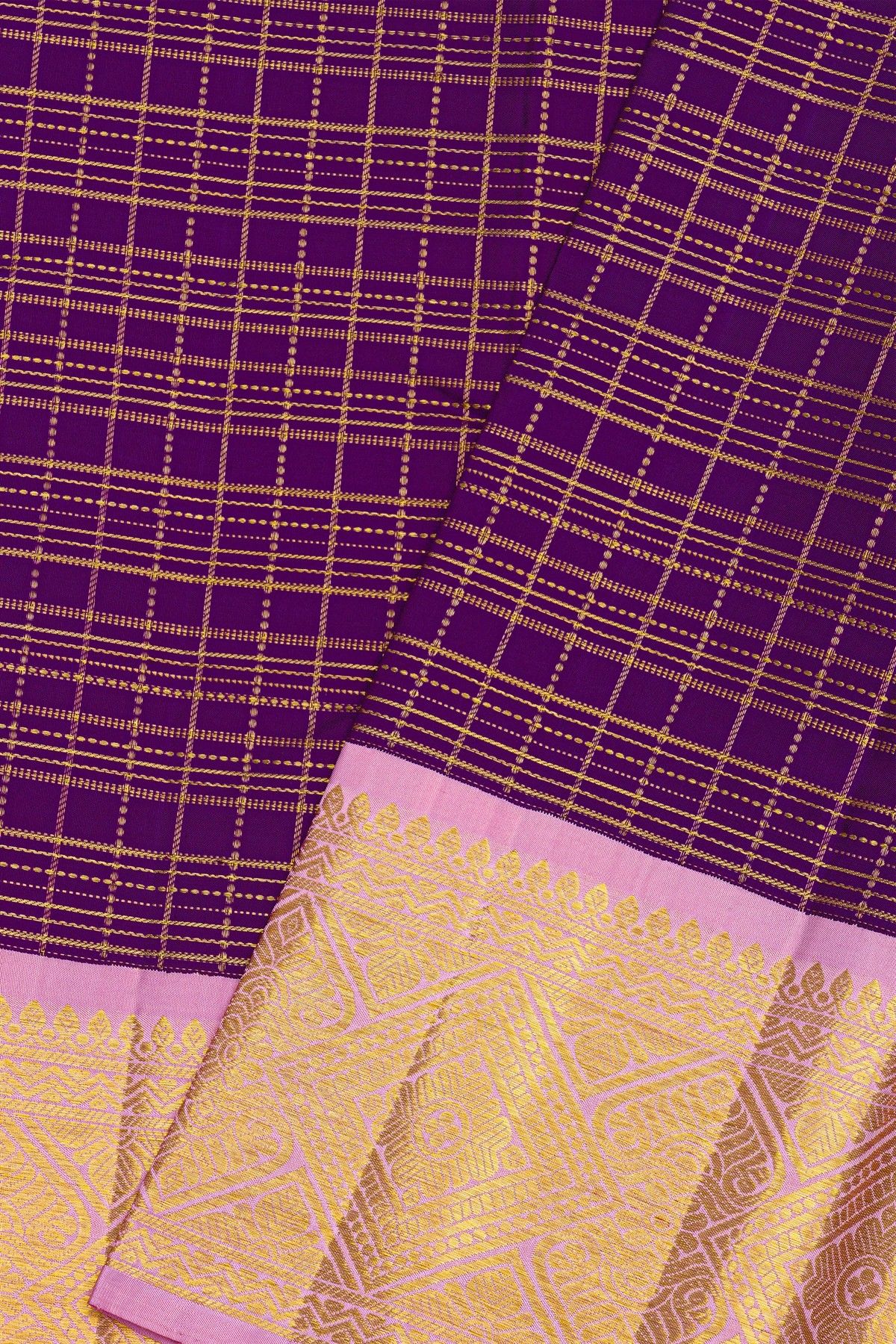 Kancheepuram Silk Purple Saree With Contrast Florals And Leaves Border
