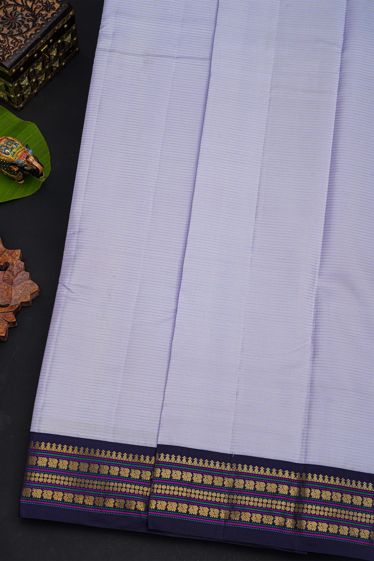 Kancheepuram Silk Slate Blue Saree With Contrast Florals And Birds Border