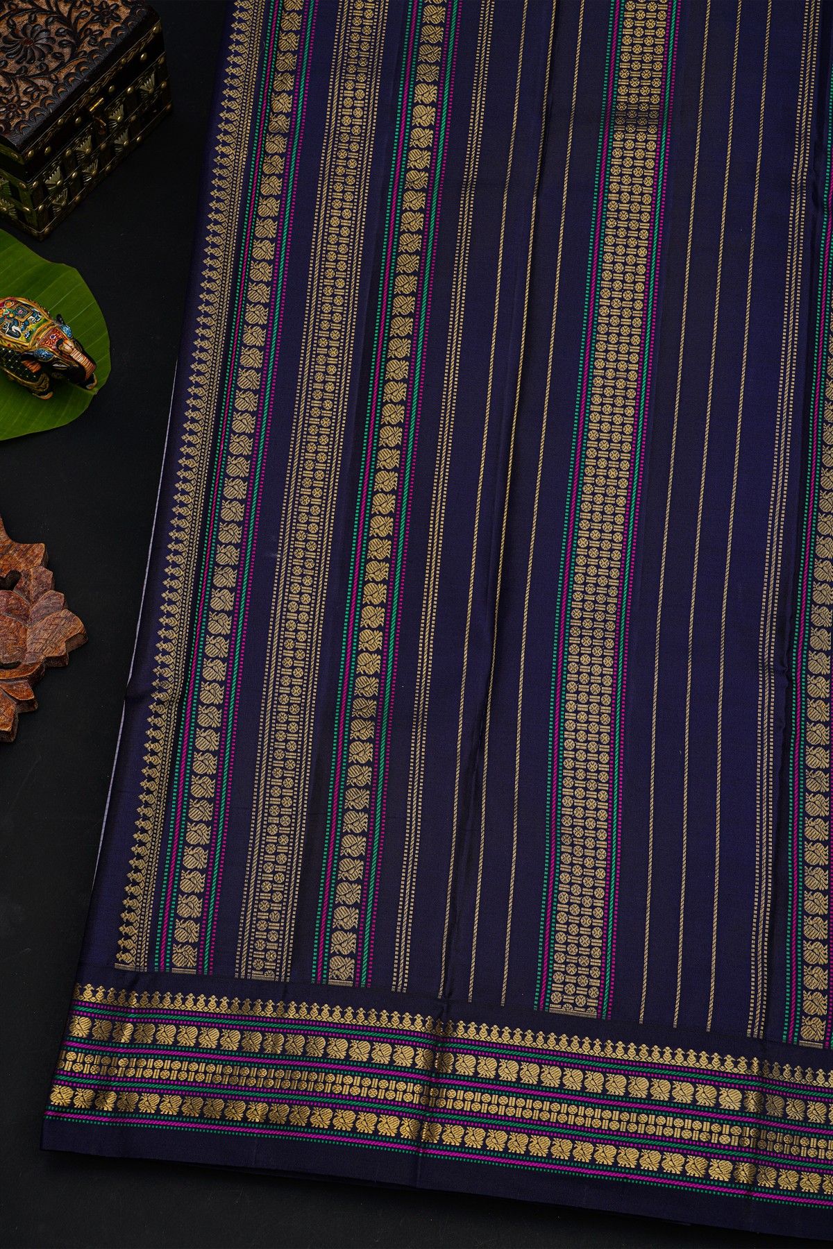 Kancheepuram Silk Slate Blue Saree With Contrast Florals And Birds Border