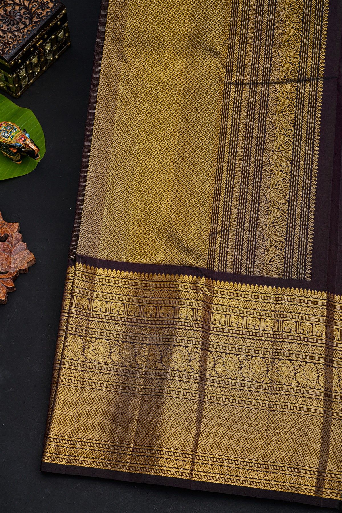 Kancheepuram Silk Dual Colour Saree With Self Diamonds In Zari Florals And Peacocks Border
