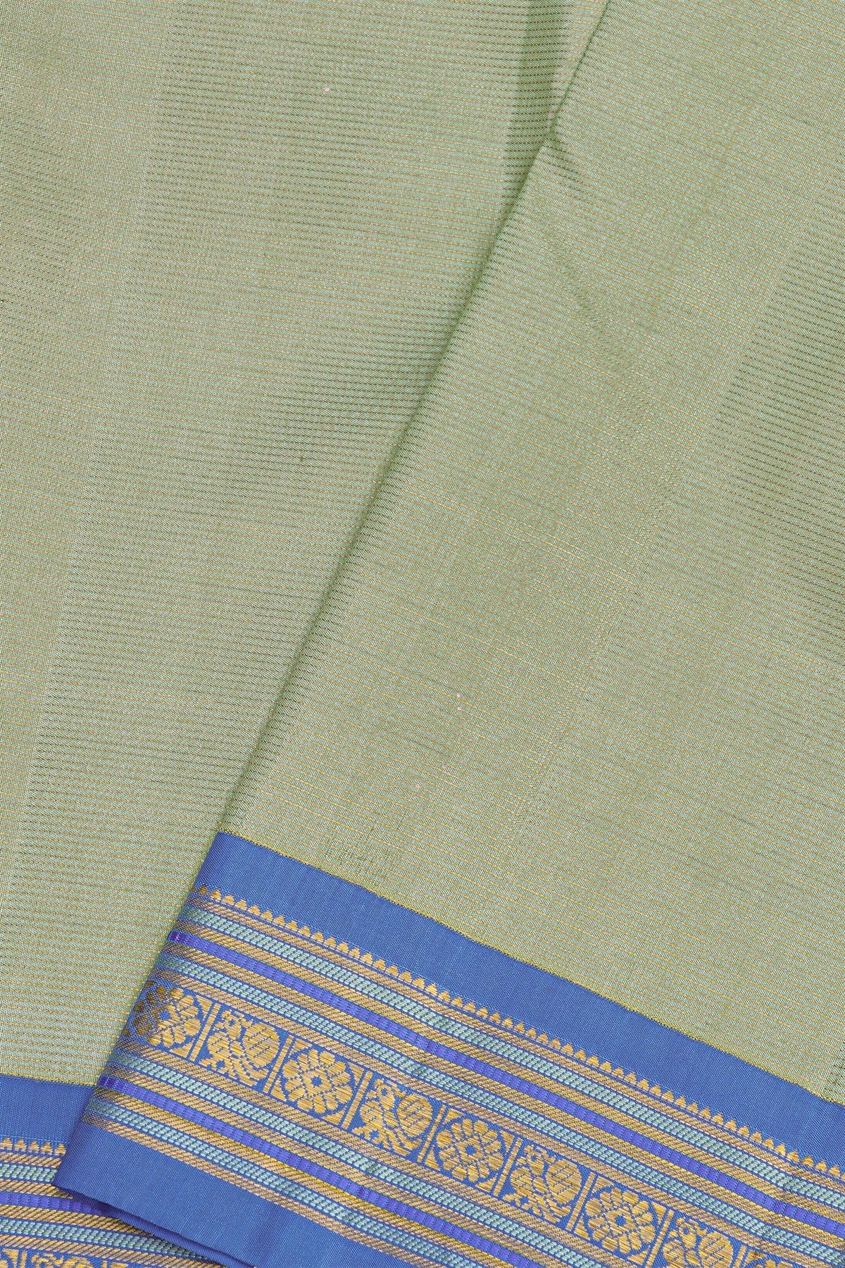 Kancheepuram Silk Pastel Green Saree With Contrast Florals And Peacocks Border