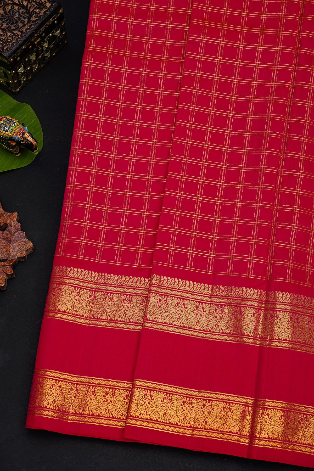 Kancheepuram Silk Red Saree With Gold Zari Checks Body And Floral Zari Gap Border
