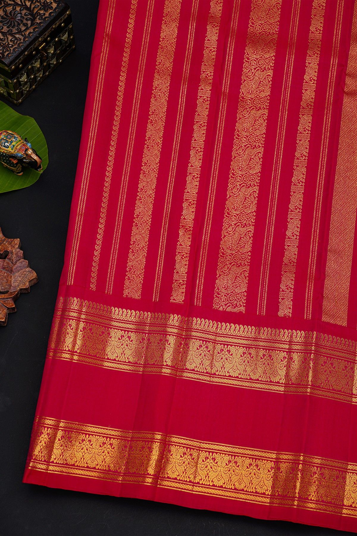 Kancheepuram Silk Red Saree With Gold Zari Checks Body And Floral Zari Gap Border