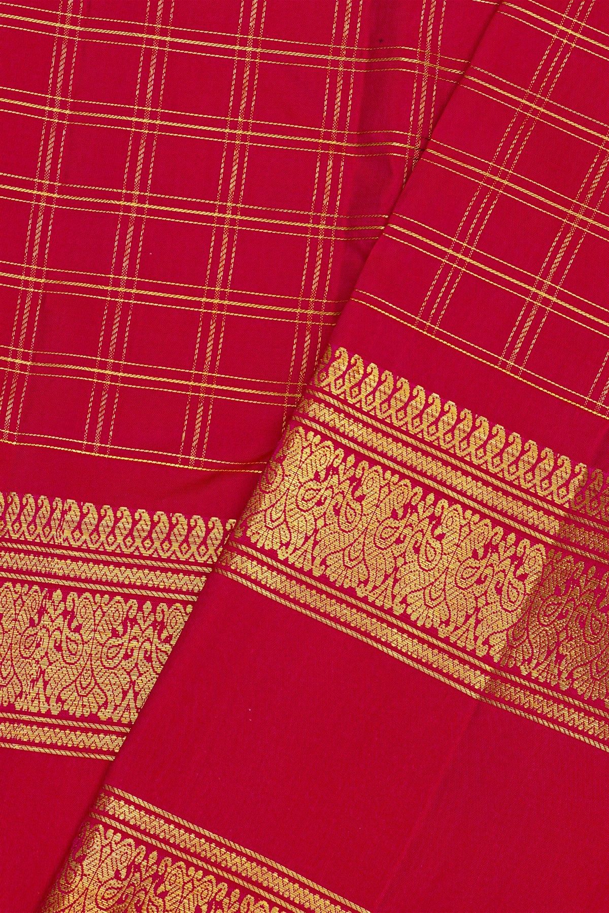 Kancheepuram Silk Red Saree With Gold Zari Checks Body And Floral Zari Gap Border