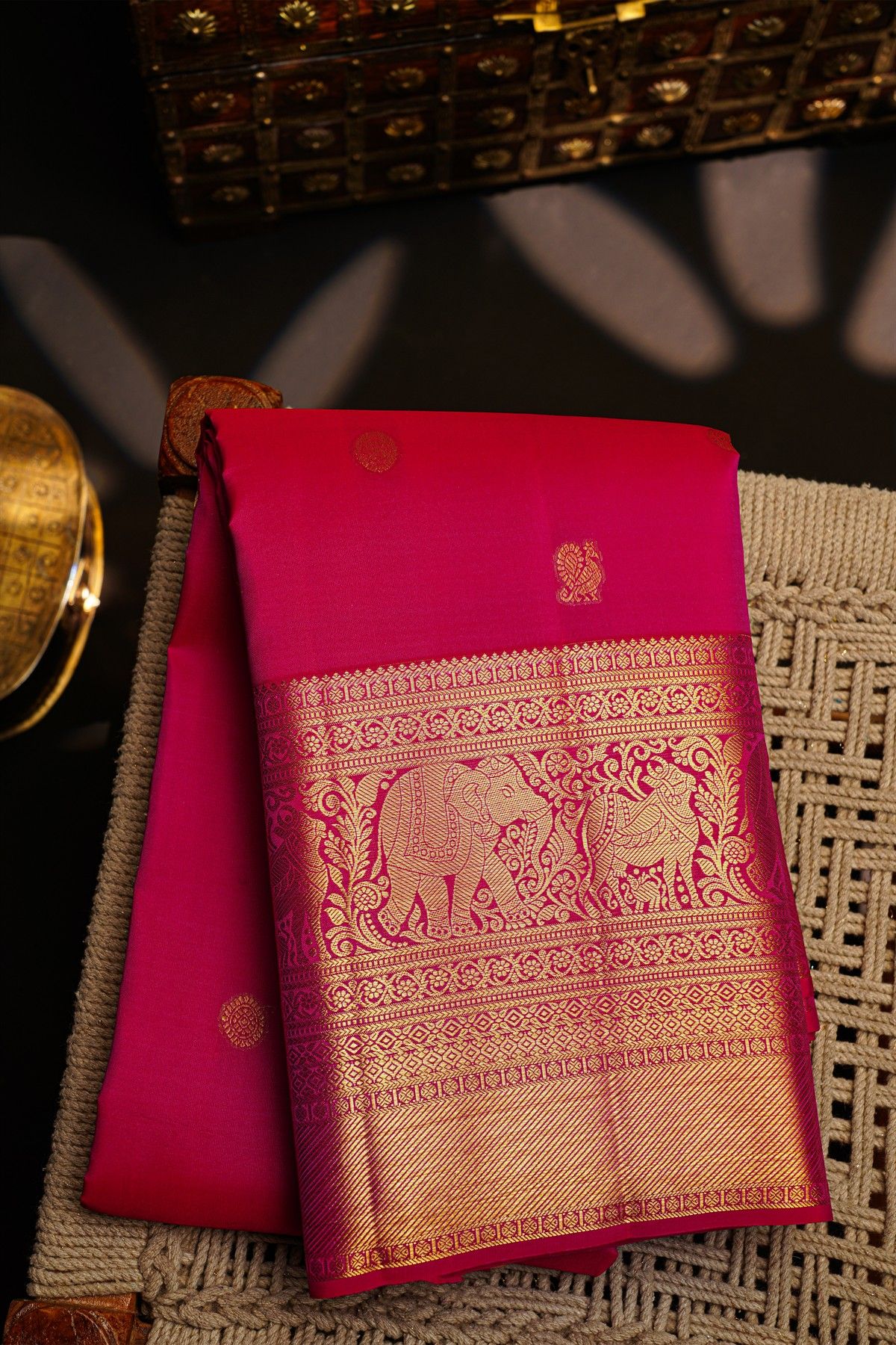 Kancheepuram Silk Pink Saree With Peacocks Buttis Self Border