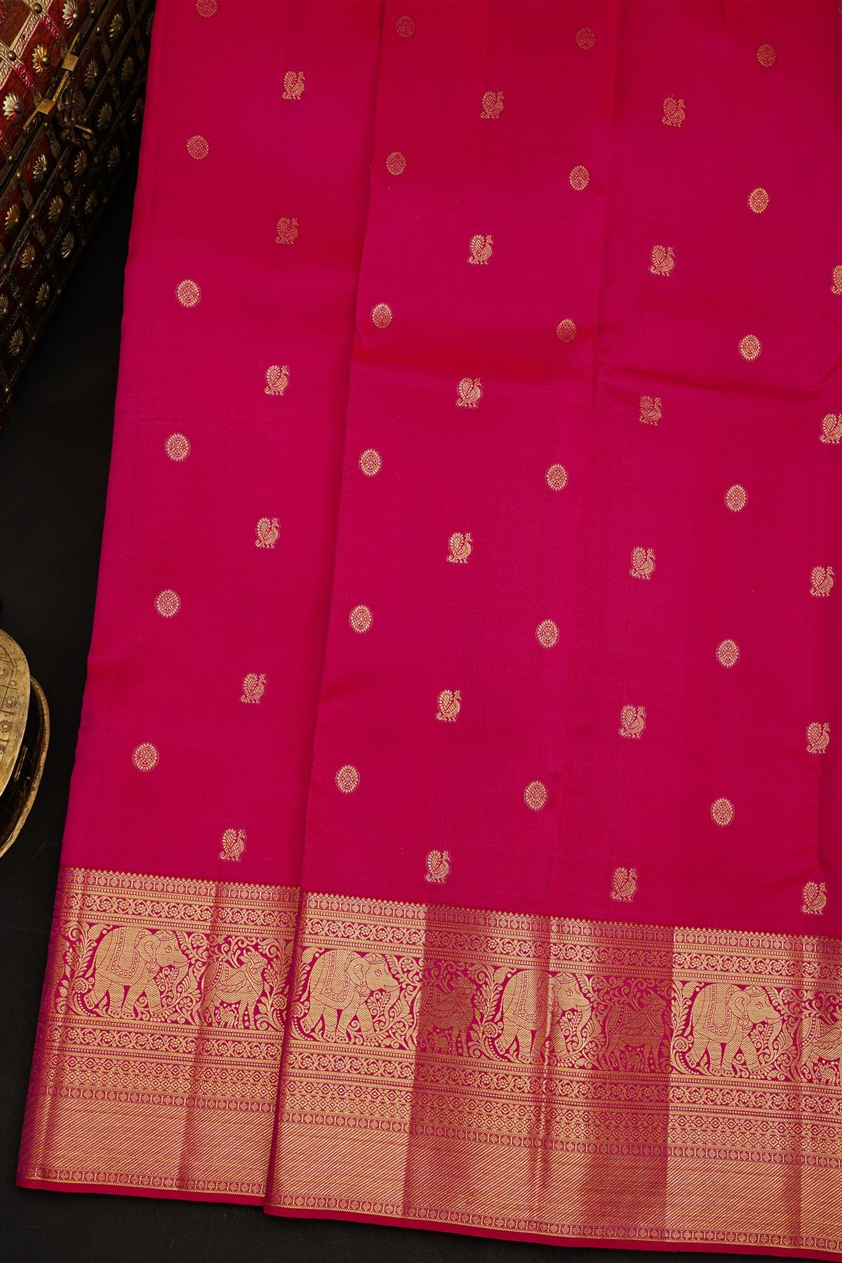 Kancheepuram Silk Pink Saree With Peacocks Buttis Self Border
