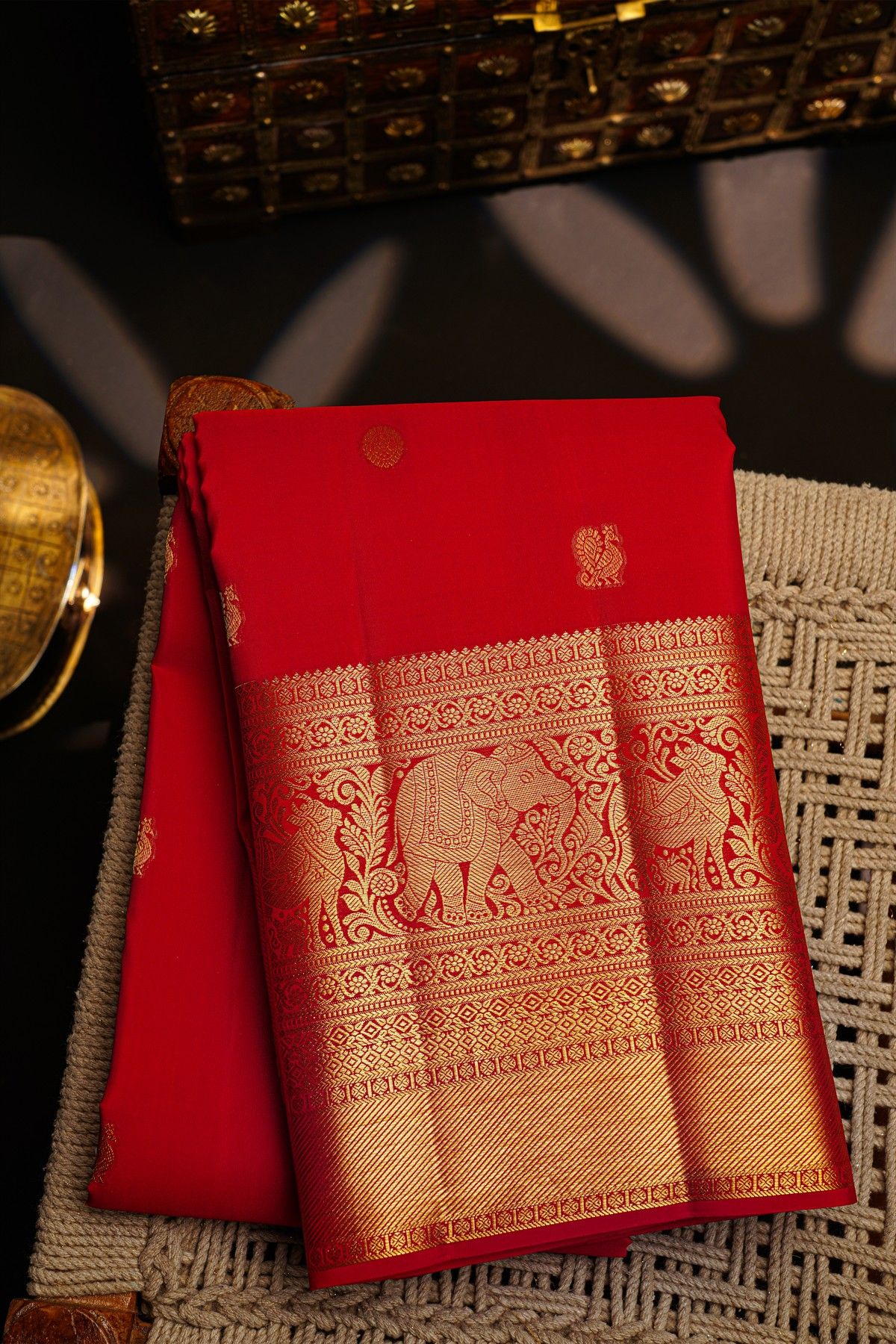 Kancheepuram Silk Red Saree With Peacock Buttis Body Self Border