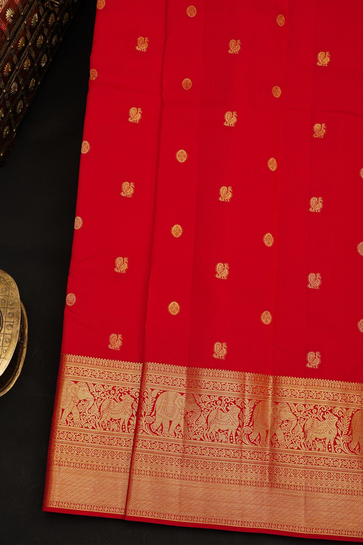 Kancheepuram Silk Red Saree With Peacock Buttis Body Self Border