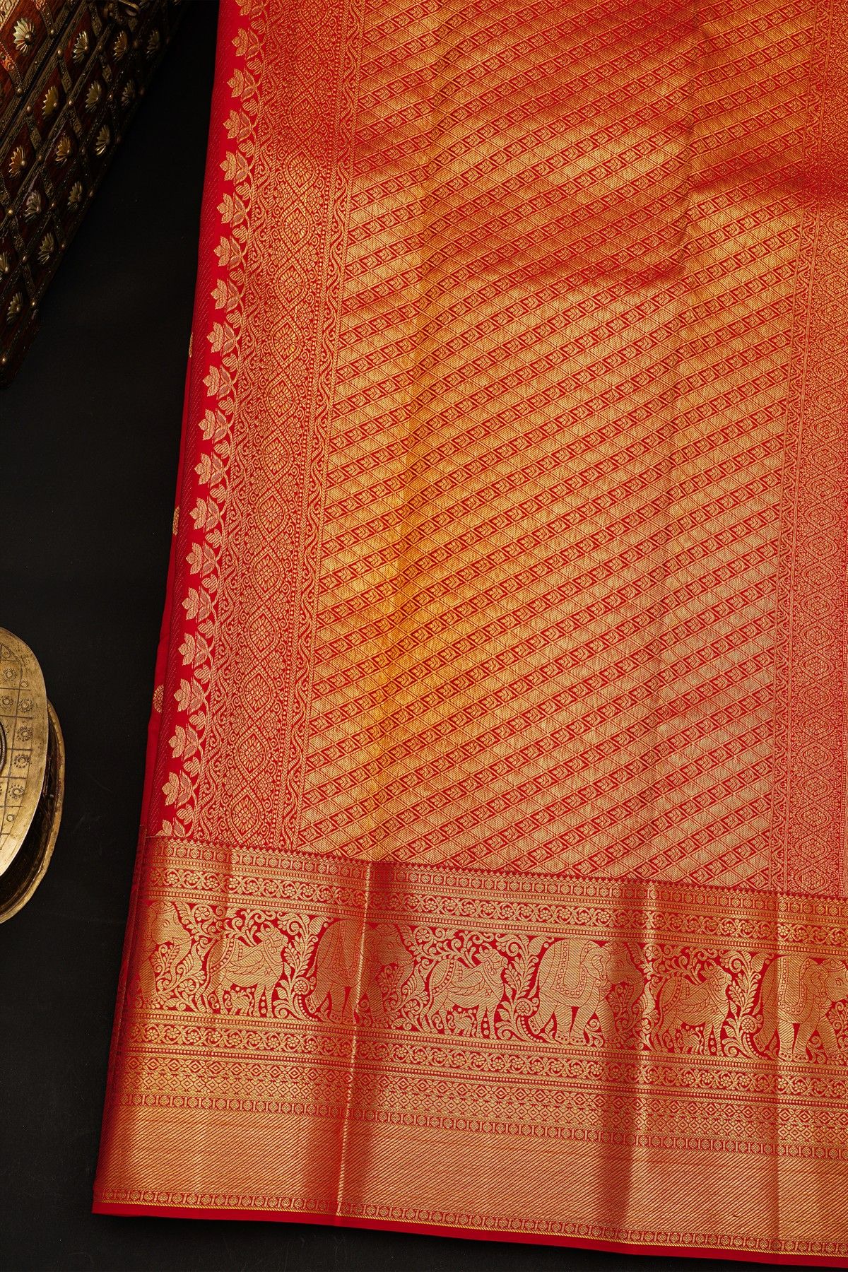 Kancheepuram Silk Red Saree With Peacock Buttis Body Self Border