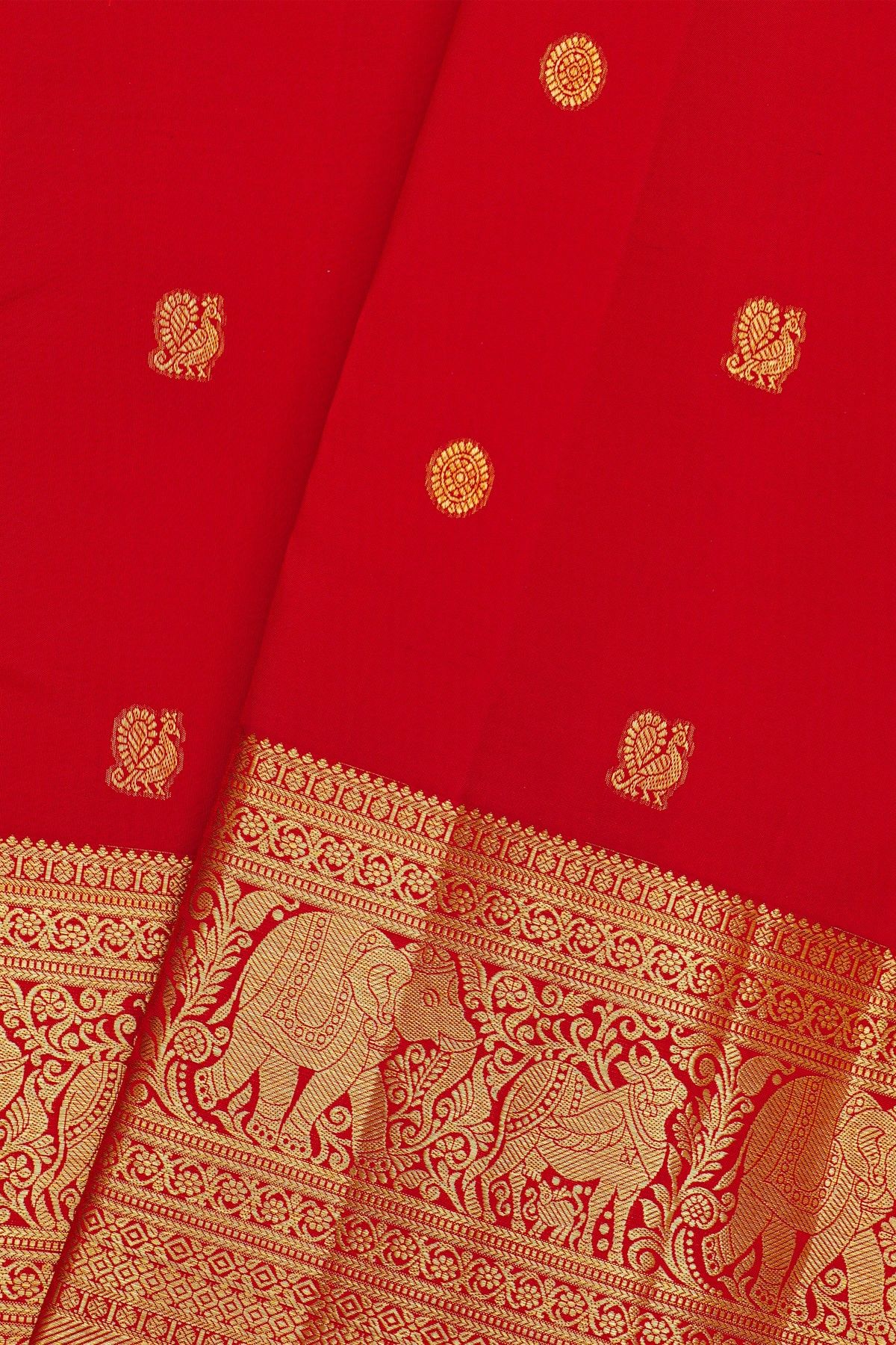 Kancheepuram Silk Red Saree With Peacock Buttis Body Self Border