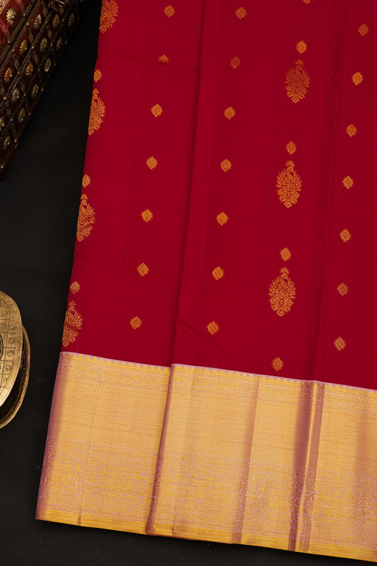Kancheepuram Silk Maroon Saree With Floral Buttis Kaddi Border