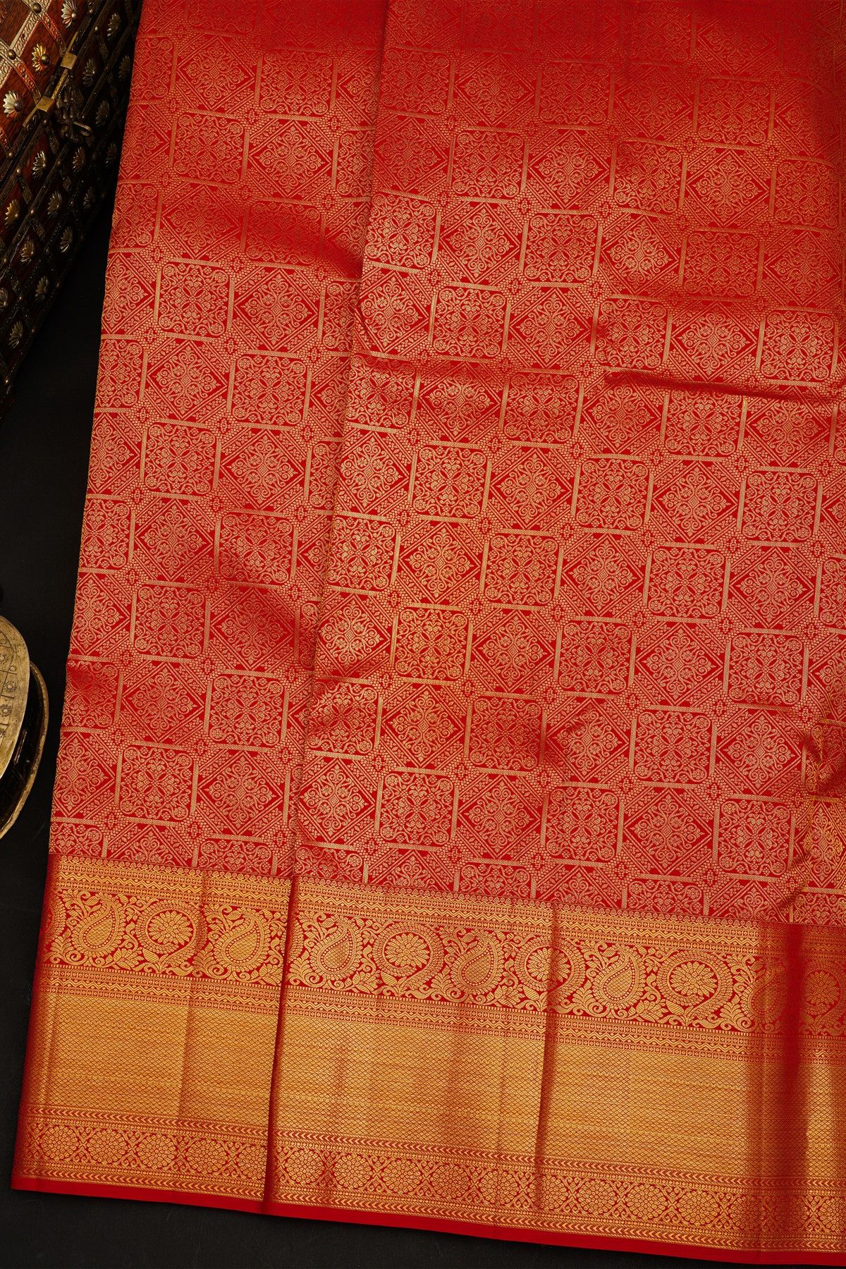 Kancheepuram Silk Red Saree With Florals Body Self Border