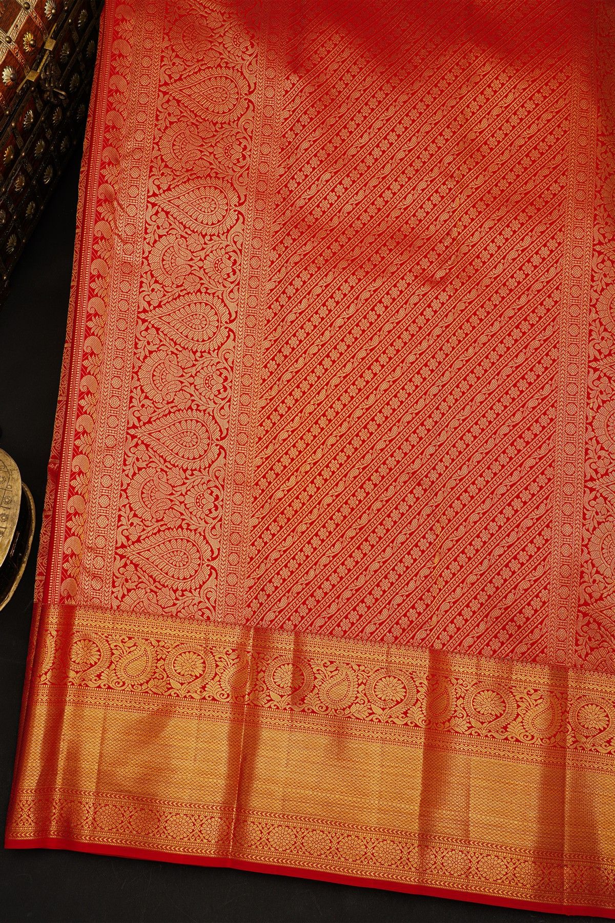 Kancheepuram Silk Red Saree With Florals Body Self Border