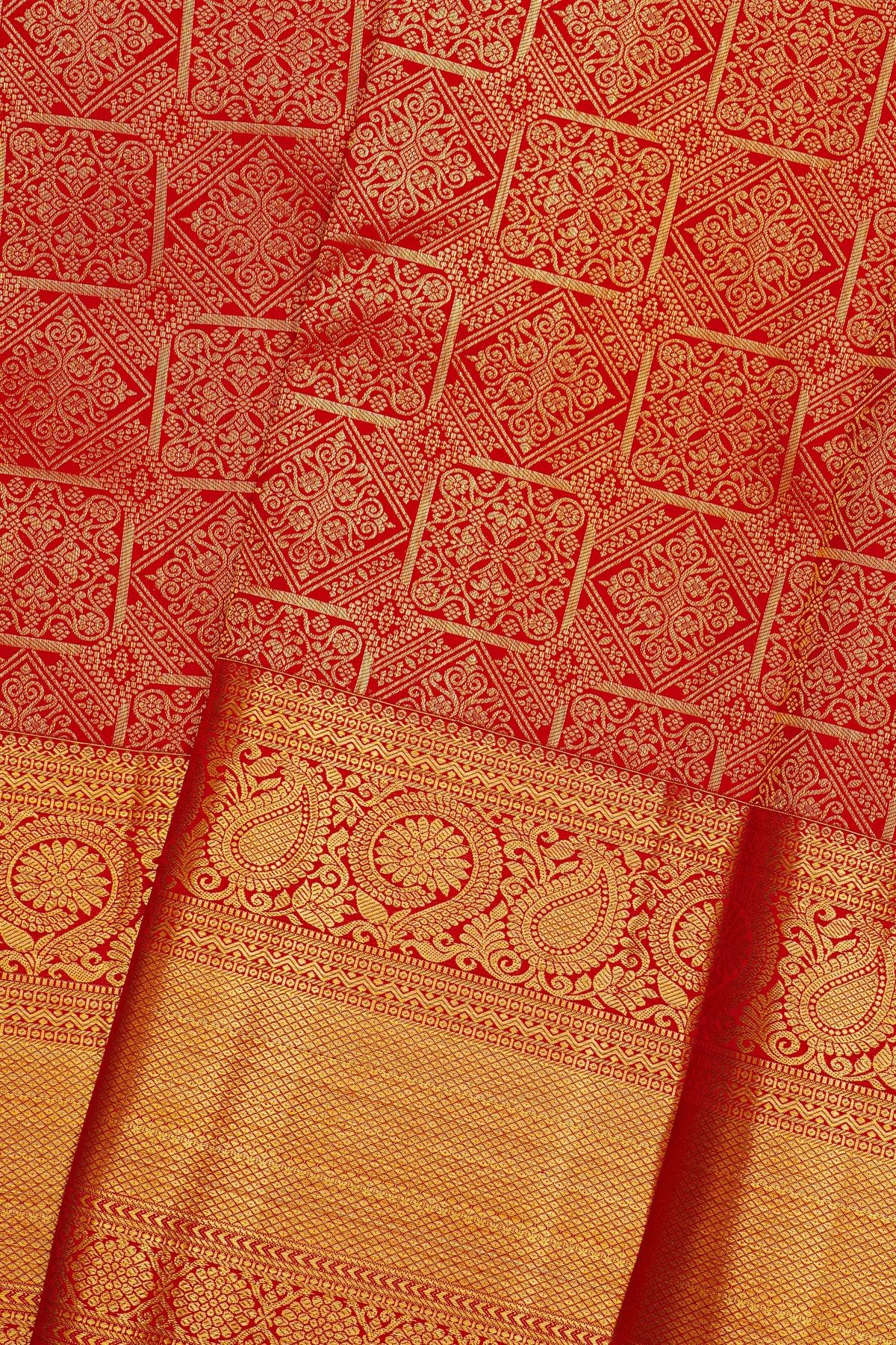 Kancheepuram Silk Red Saree With Florals Body Self Border