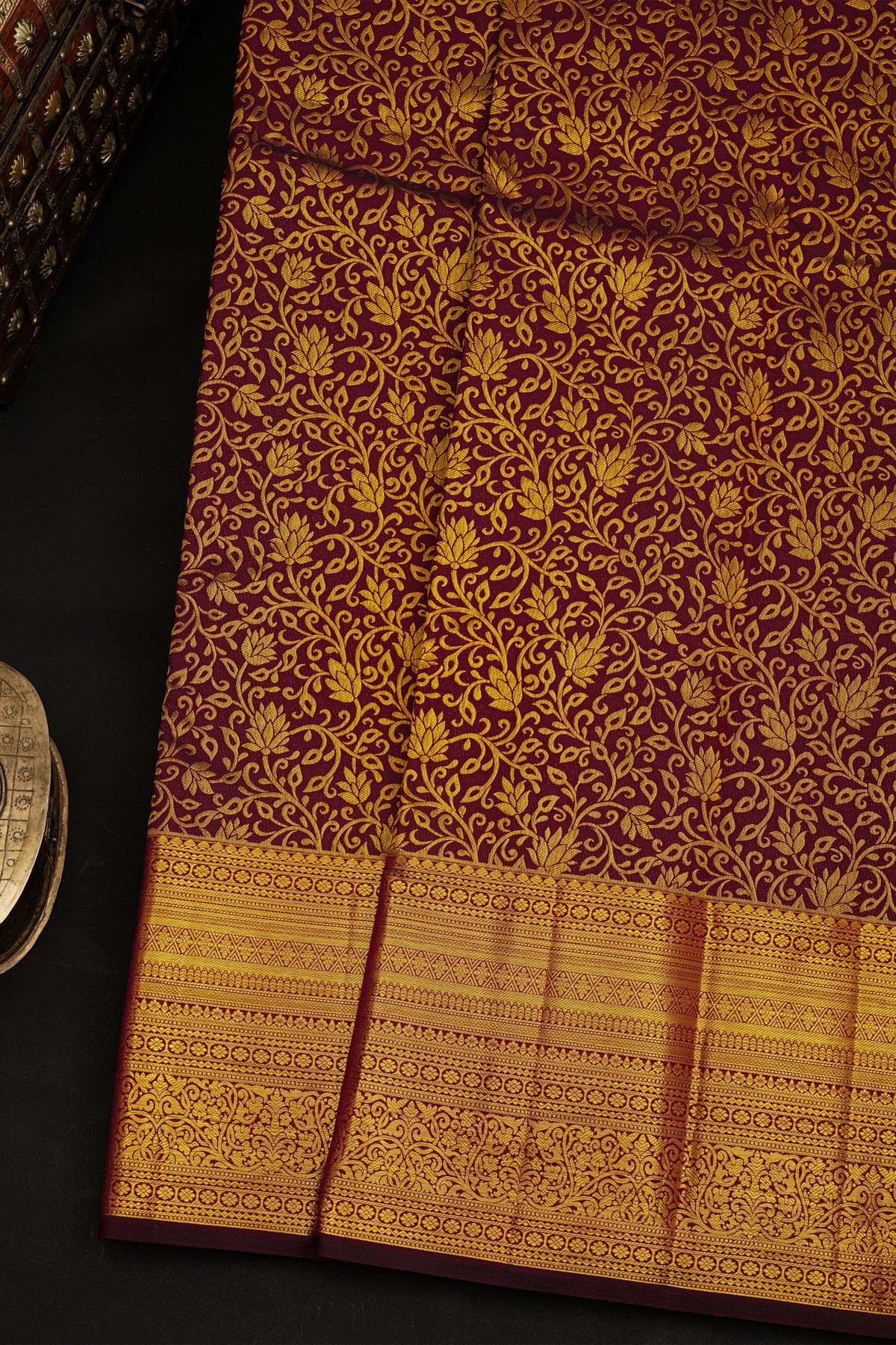 Kancheepuram Silk Burgundy Saree With Floral Brocade Pallu