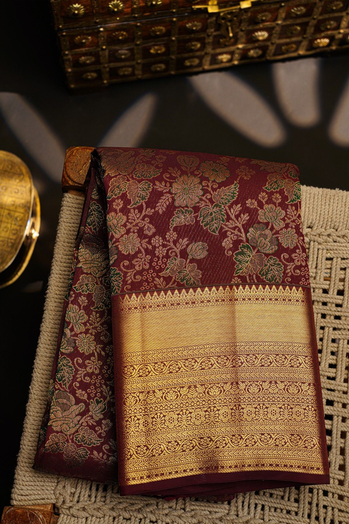 Kancheepuram Silk Maroon Saree With Florals And Leaves Jaal In Silver Zari Body Self Border