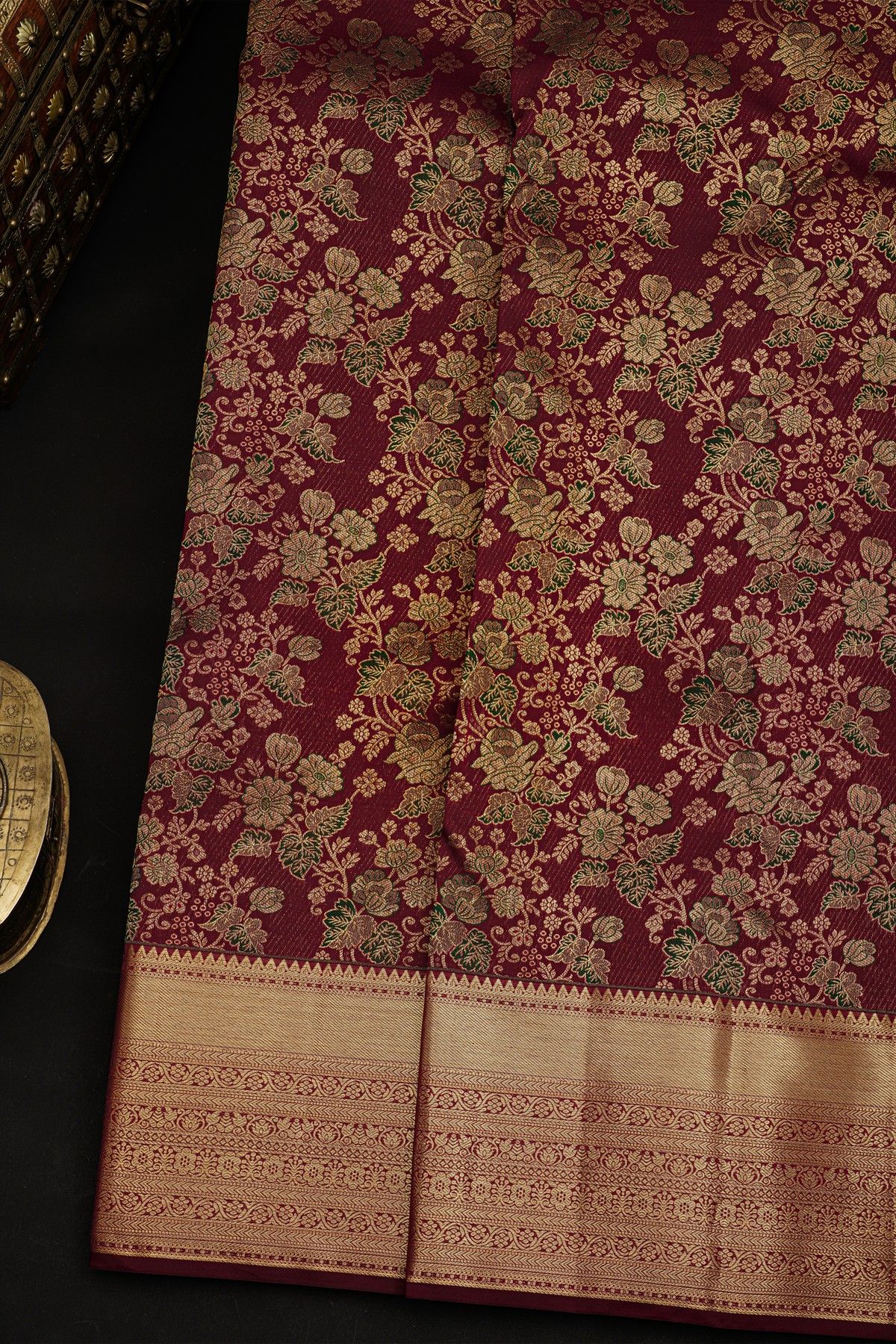 Kancheepuram Silk Maroon Saree With Florals And Leaves Jaal In Silver Zari Body Self Border