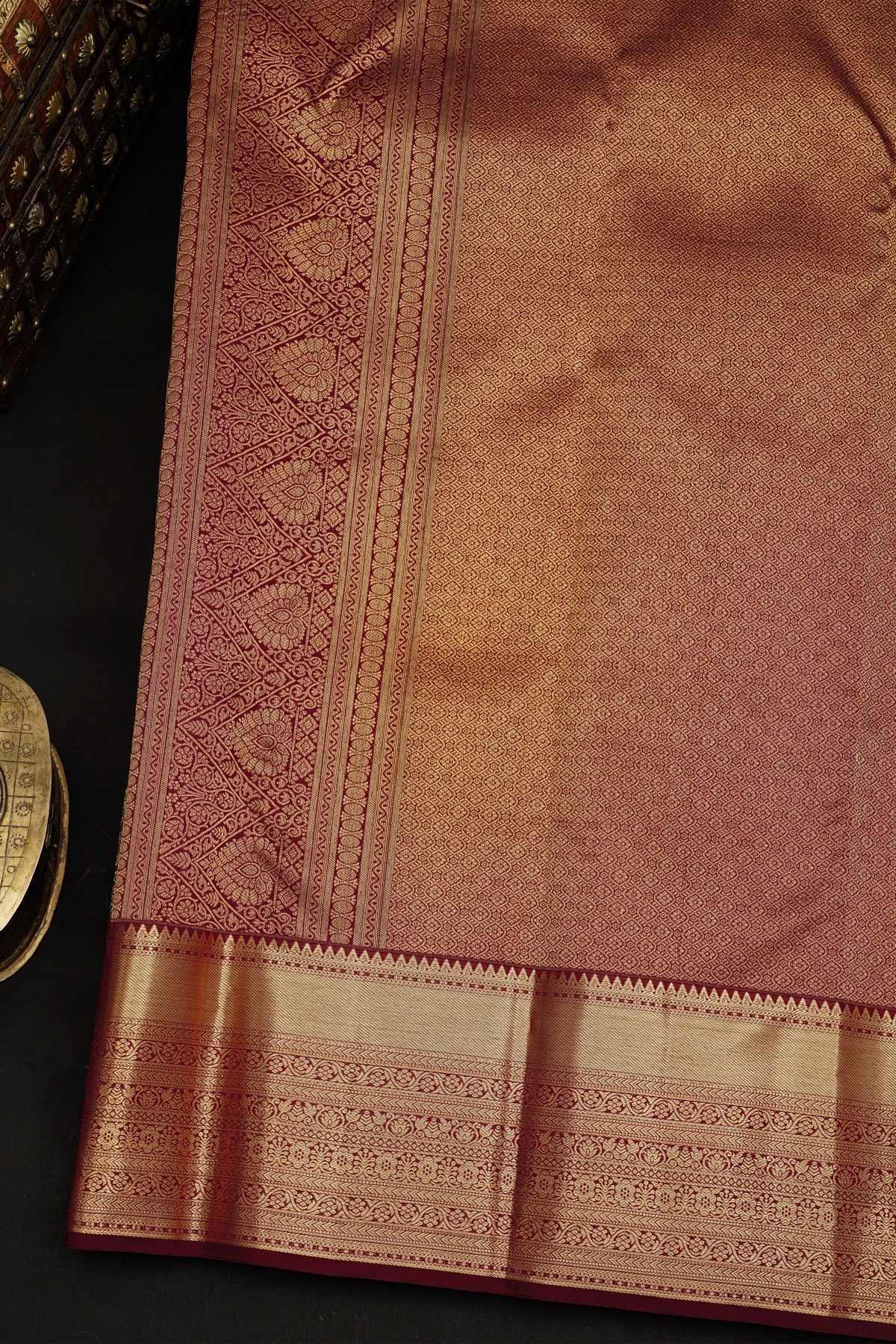 Kancheepuram Silk Maroon Saree With Florals And Leaves Jaal In Silver Zari Body Self Border