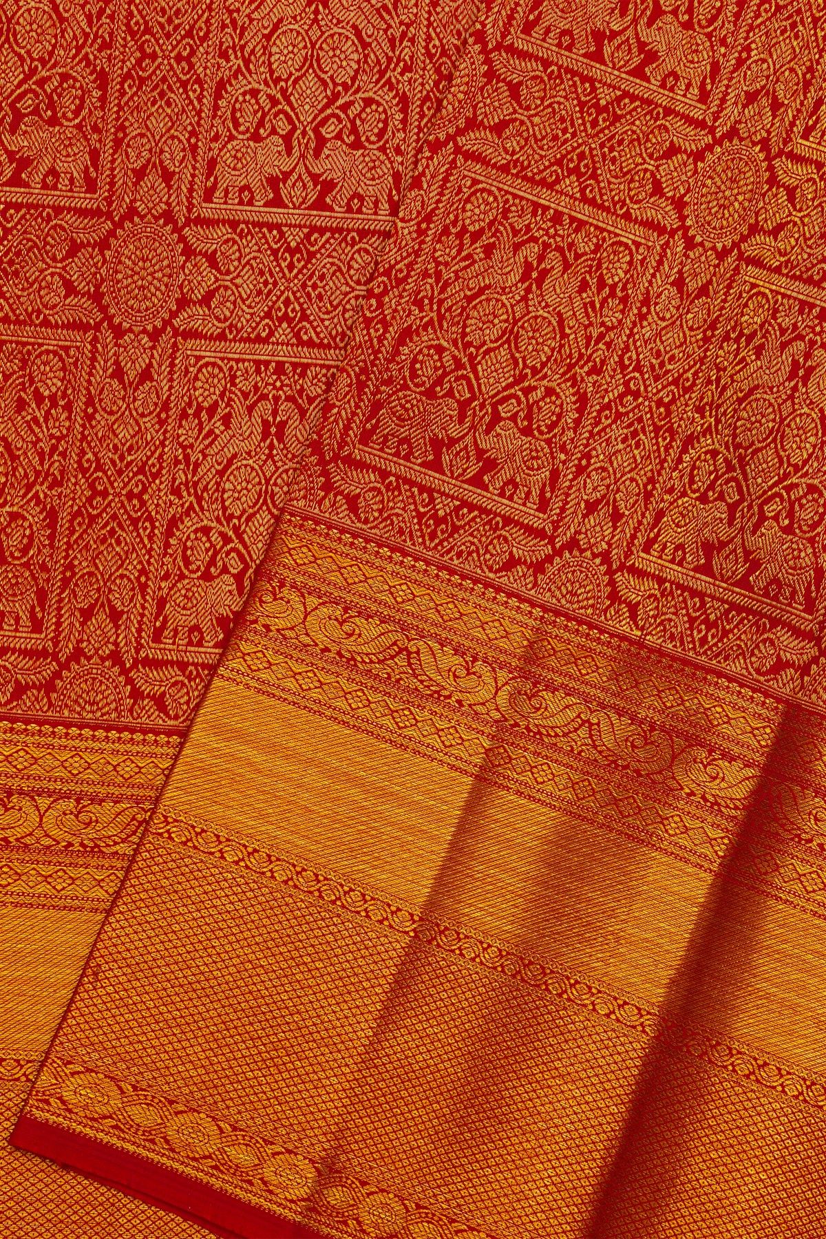 Kancheepuram Silk Maroon Saree With Animals Body Self Border