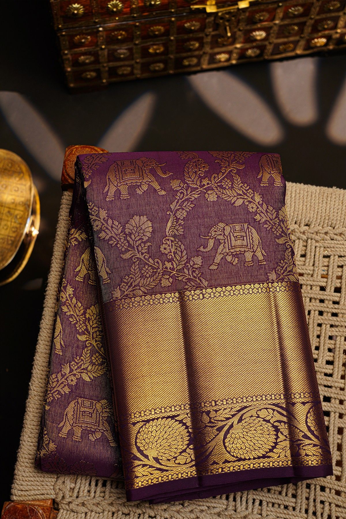 Kancheepuram Silk Dark Purple Saree With Zari Lines Body Kaddi Jaal Border