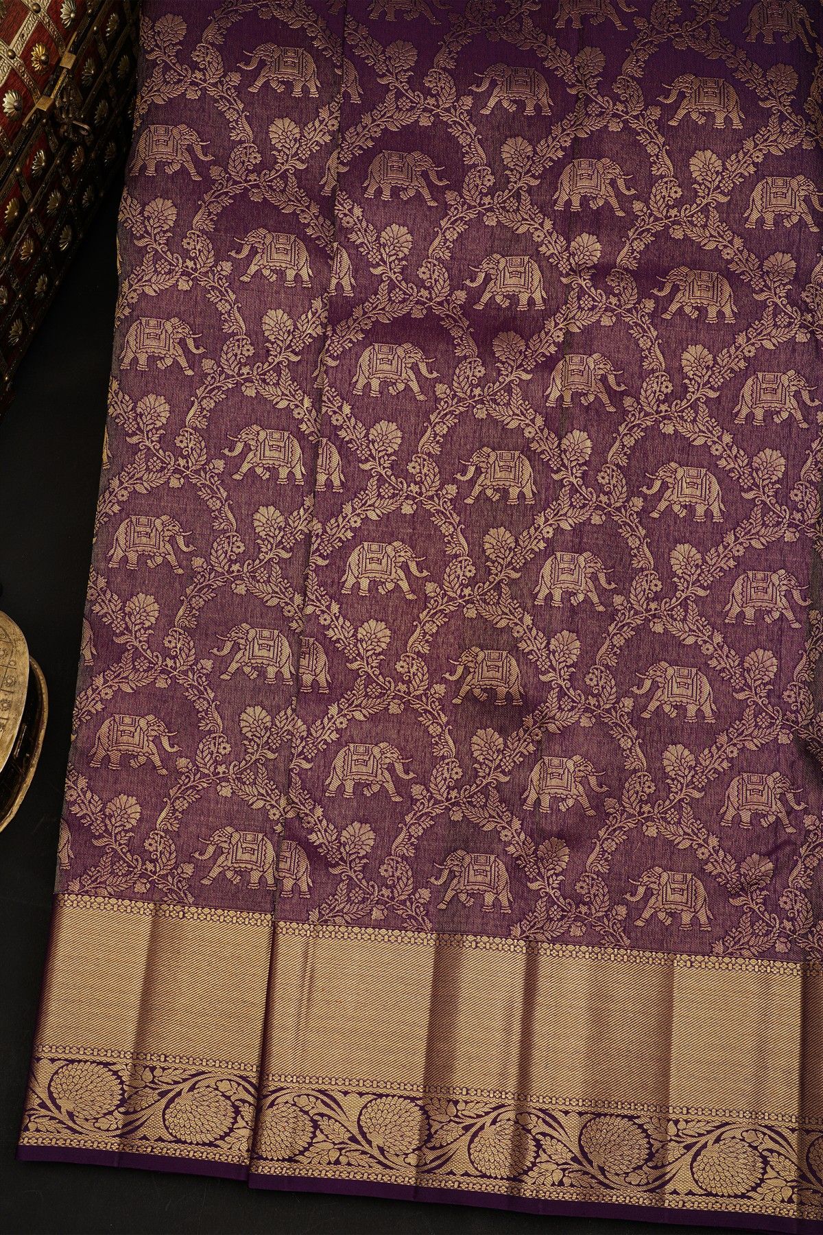 Kancheepuram Silk Dark Purple Saree With Zari Lines Body Kaddi Jaal Border