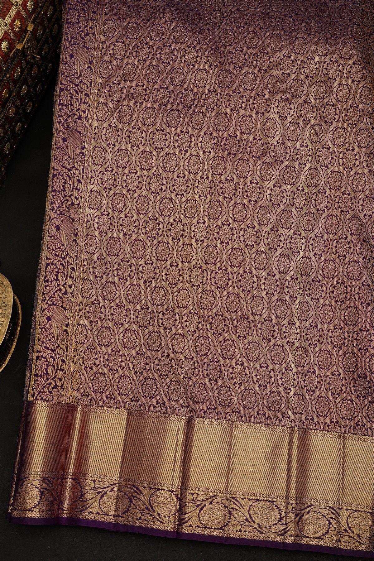 Kancheepuram Silk Dark Purple Saree With Zari Lines Body Kaddi Jaal Border