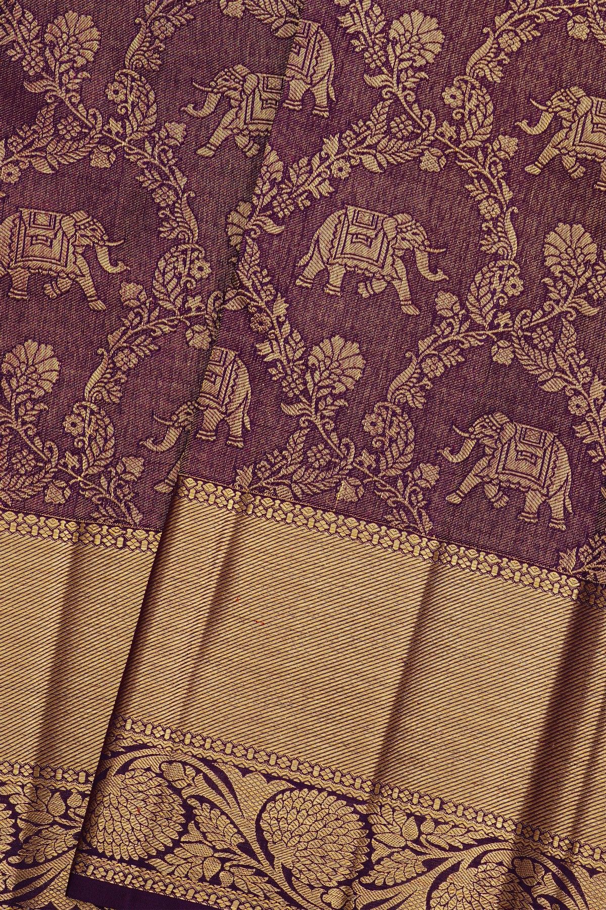 Kancheepuram Silk Dark Purple Saree With Zari Lines Body Kaddi Jaal Border