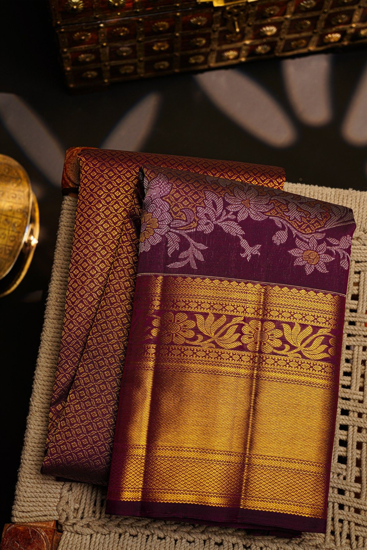 Kancheepuram Silk Dark Purple Saree With Brocade Body Self Border