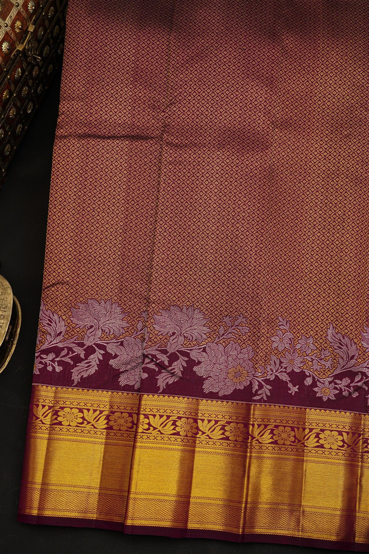 Kancheepuram Silk Dark Purple Saree With Brocade Body Self Border