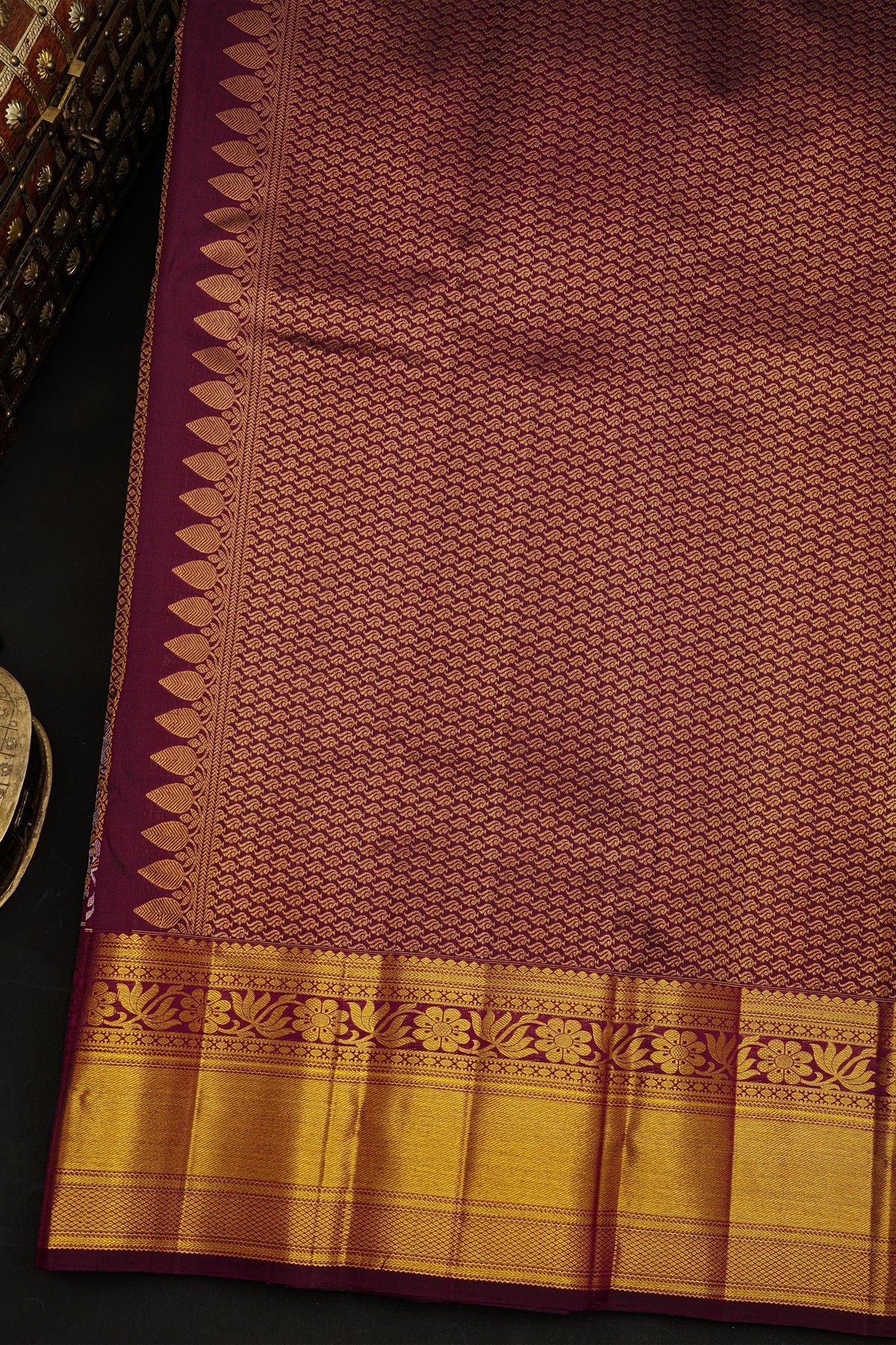 Kancheepuram Silk Dark Purple Saree With Brocade Body Self Border