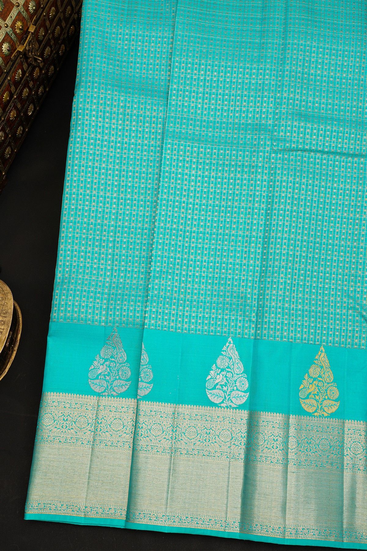 Kancheepuram Silk Sea Blue Saree With Checks And Buttis Body Jaal Border