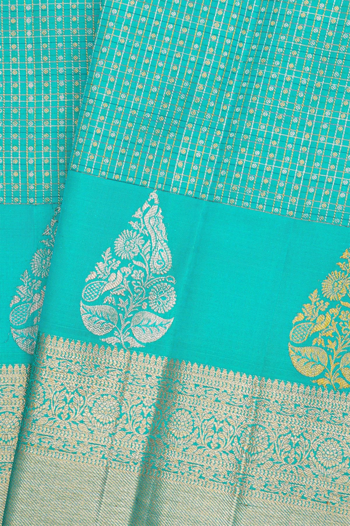 Kancheepuram Silk Sea Blue Saree With Checks And Buttis Body Jaal Border