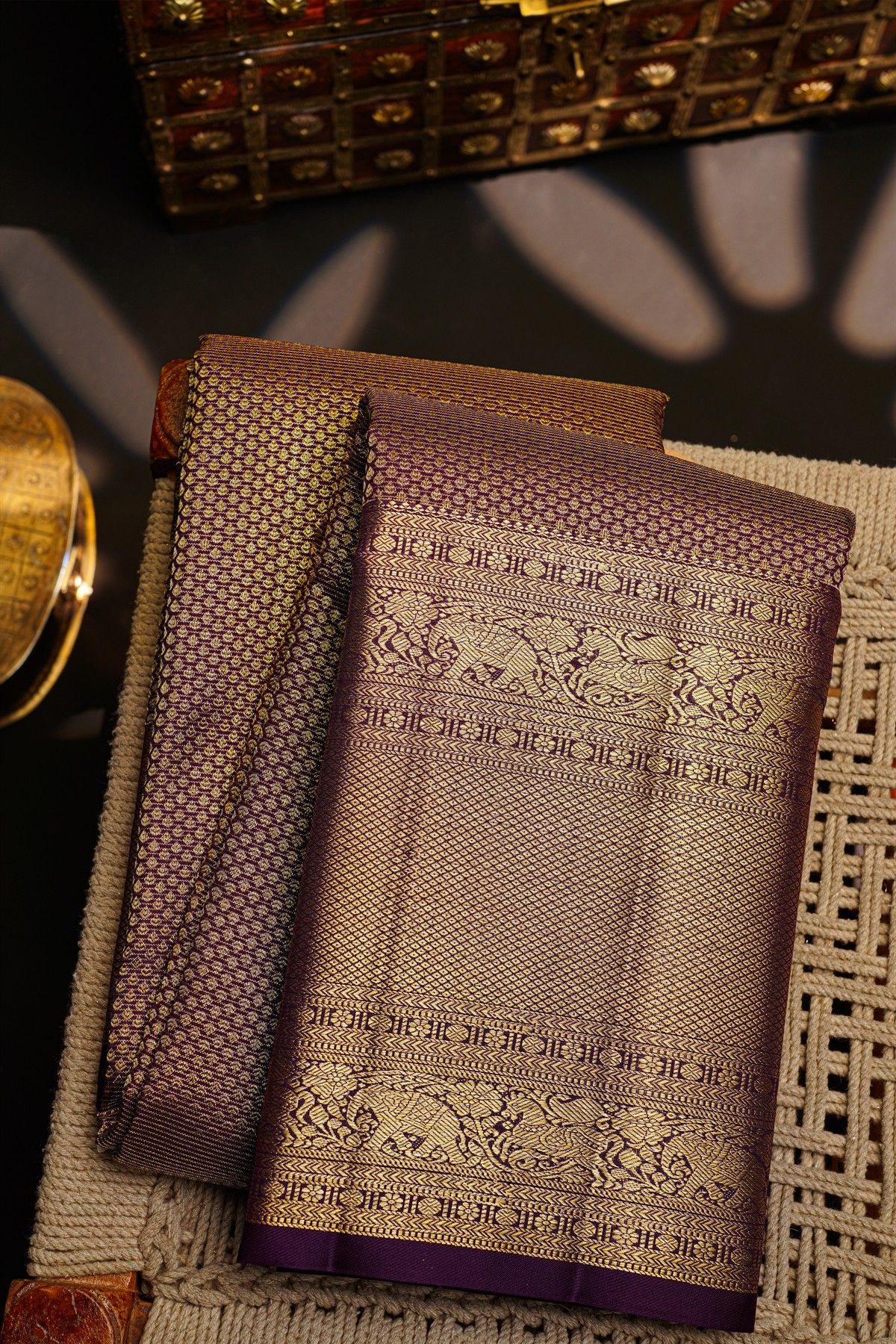Kancheepuram Silk Purple Saree With Elephants Self Border