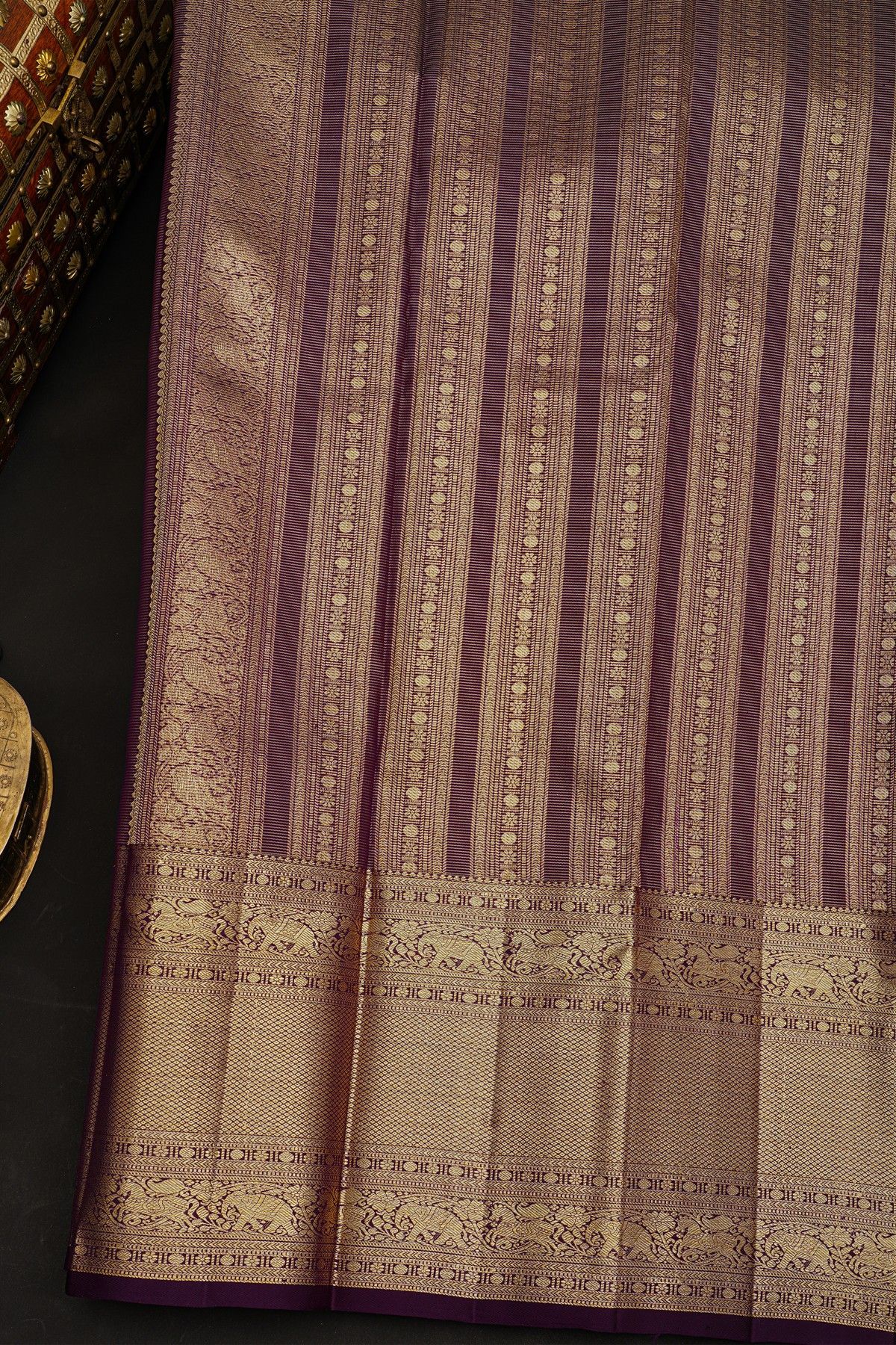 Kancheepuram Silk Purple Saree With Elephants Self Border