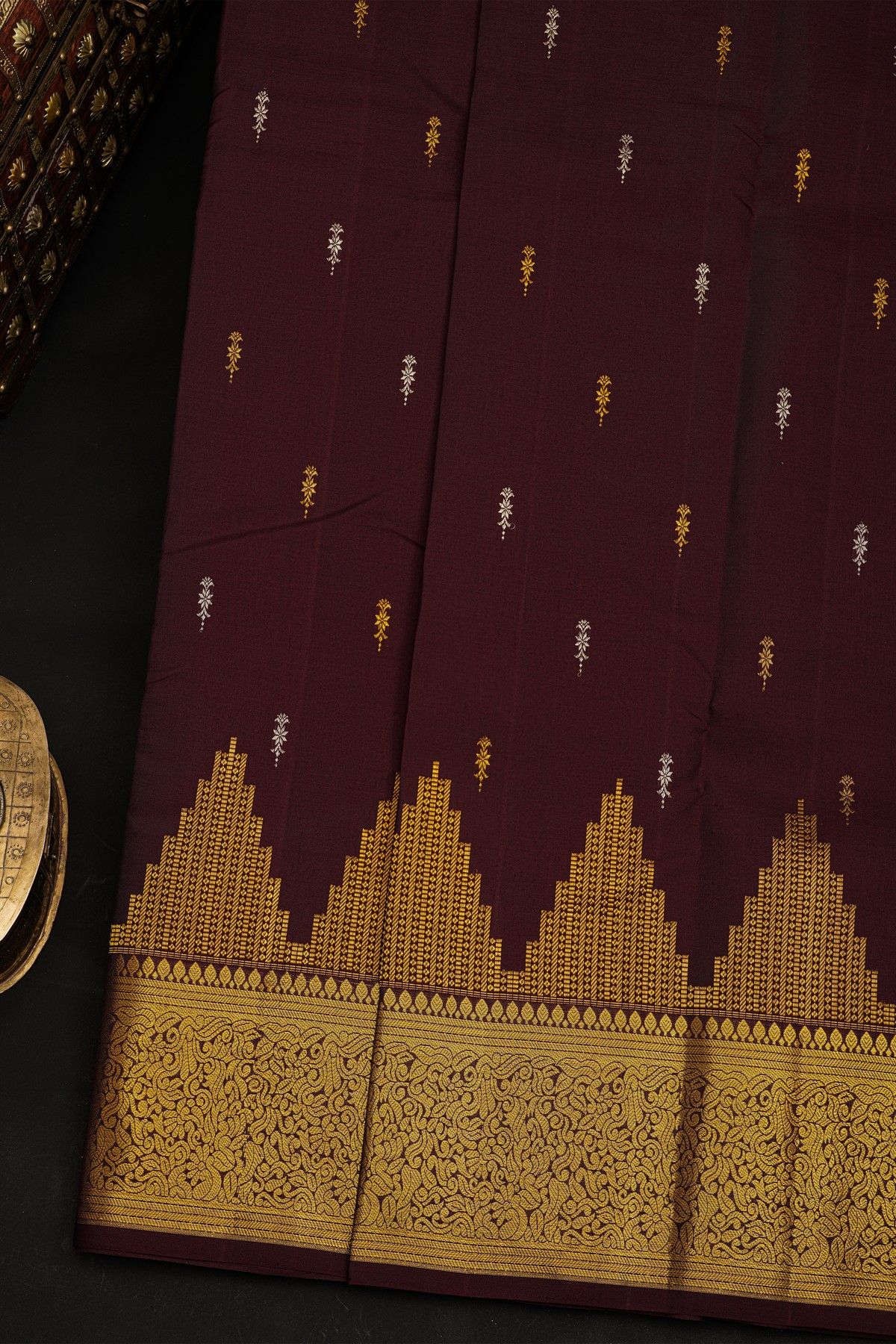 Kancheepuram Silk Dark Brown Saree With Small Buttis Body Self Border