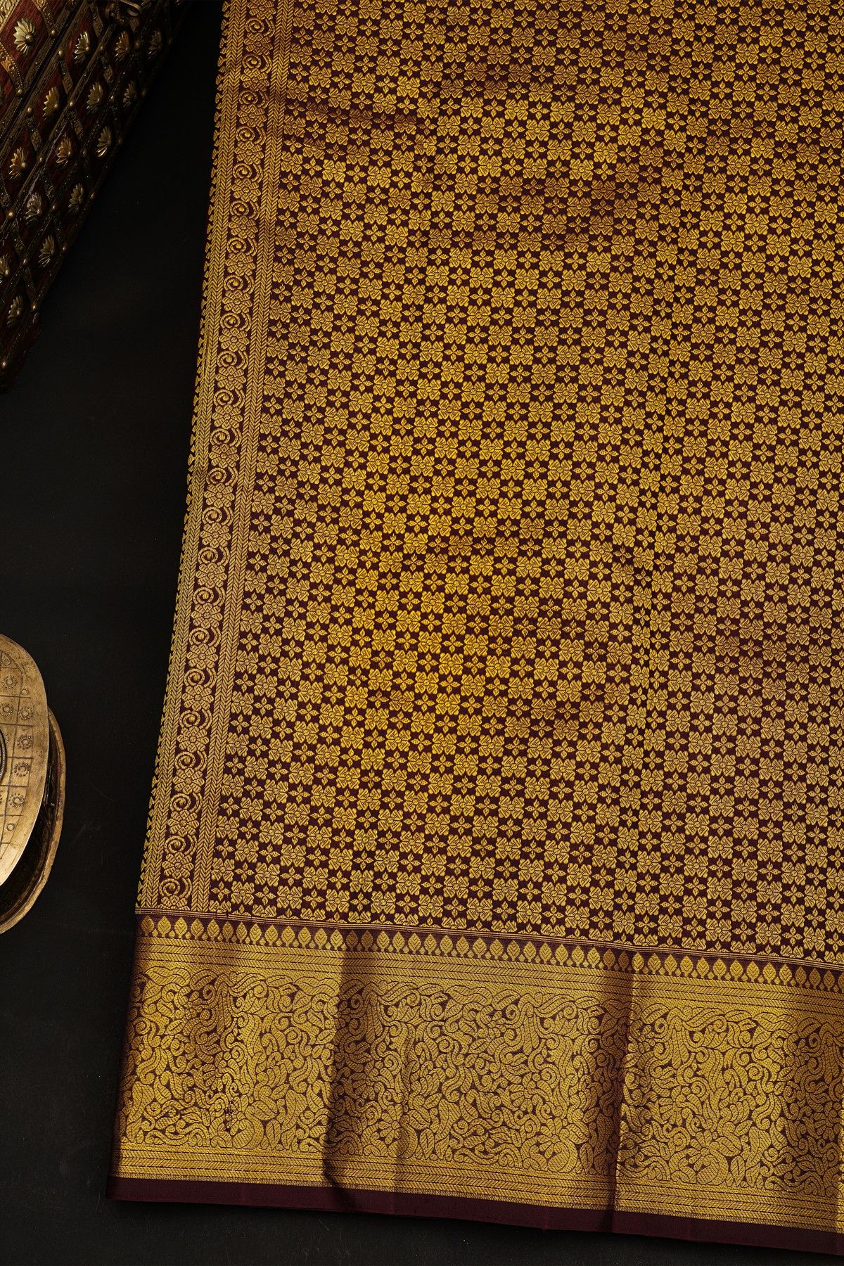 Kancheepuram Silk Dark Brown Saree With Small Buttis Body Self Border