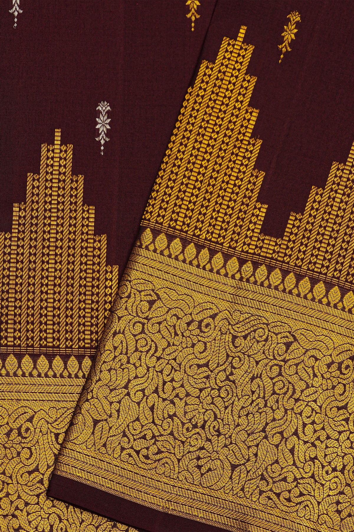 Kancheepuram Silk Dark Brown Saree With Small Buttis Body Self Border