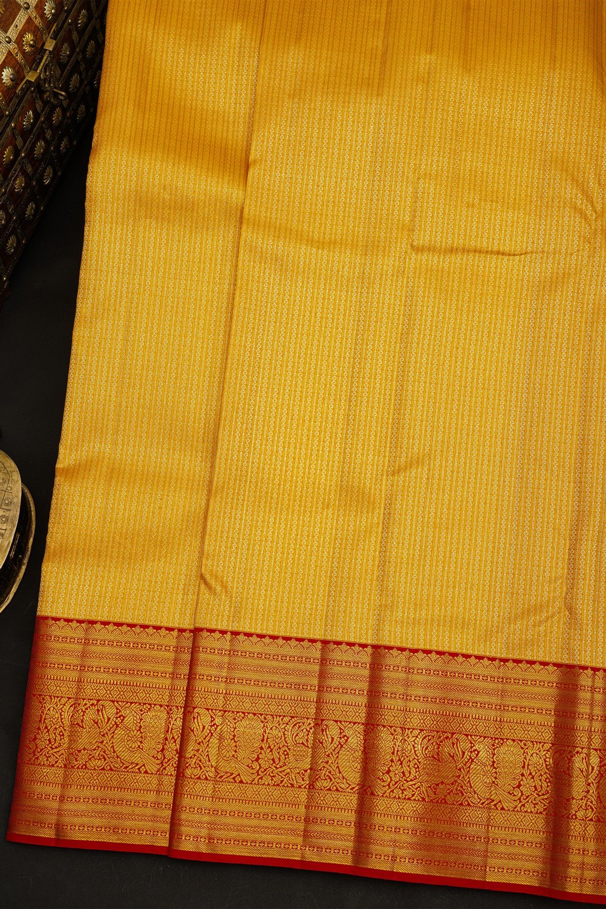 Kancheepuram Silk Yellow Saree With Florals And Leaves Border