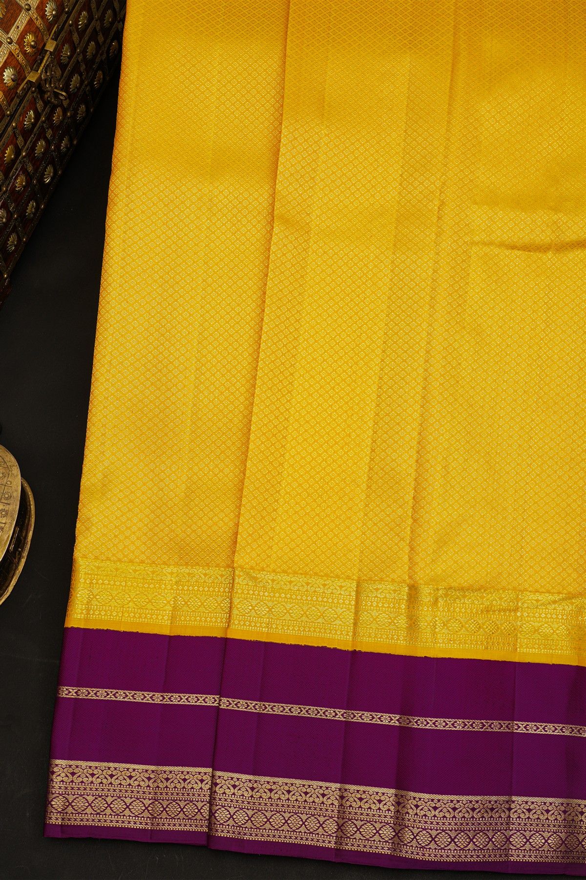 Kancheepuram Silk Yellow Saree With Florals And Leaves Gap Border