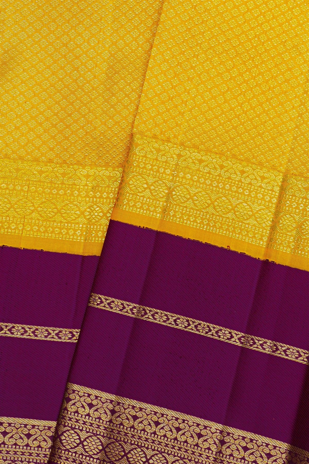 Kancheepuram Silk Yellow Saree With Florals And Leaves Gap Border